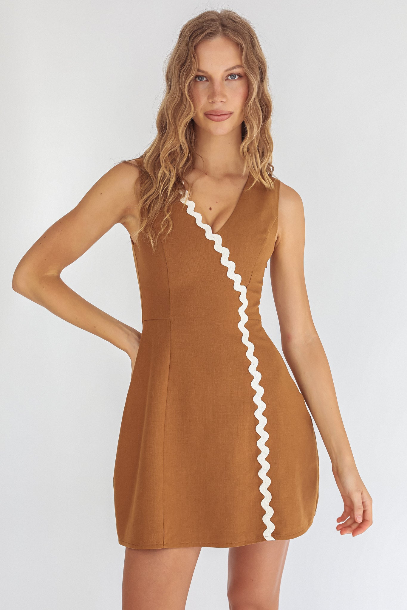 Make You Mine V-Neck Ric-Rac Mini Dress Brown by Selfie Leslie