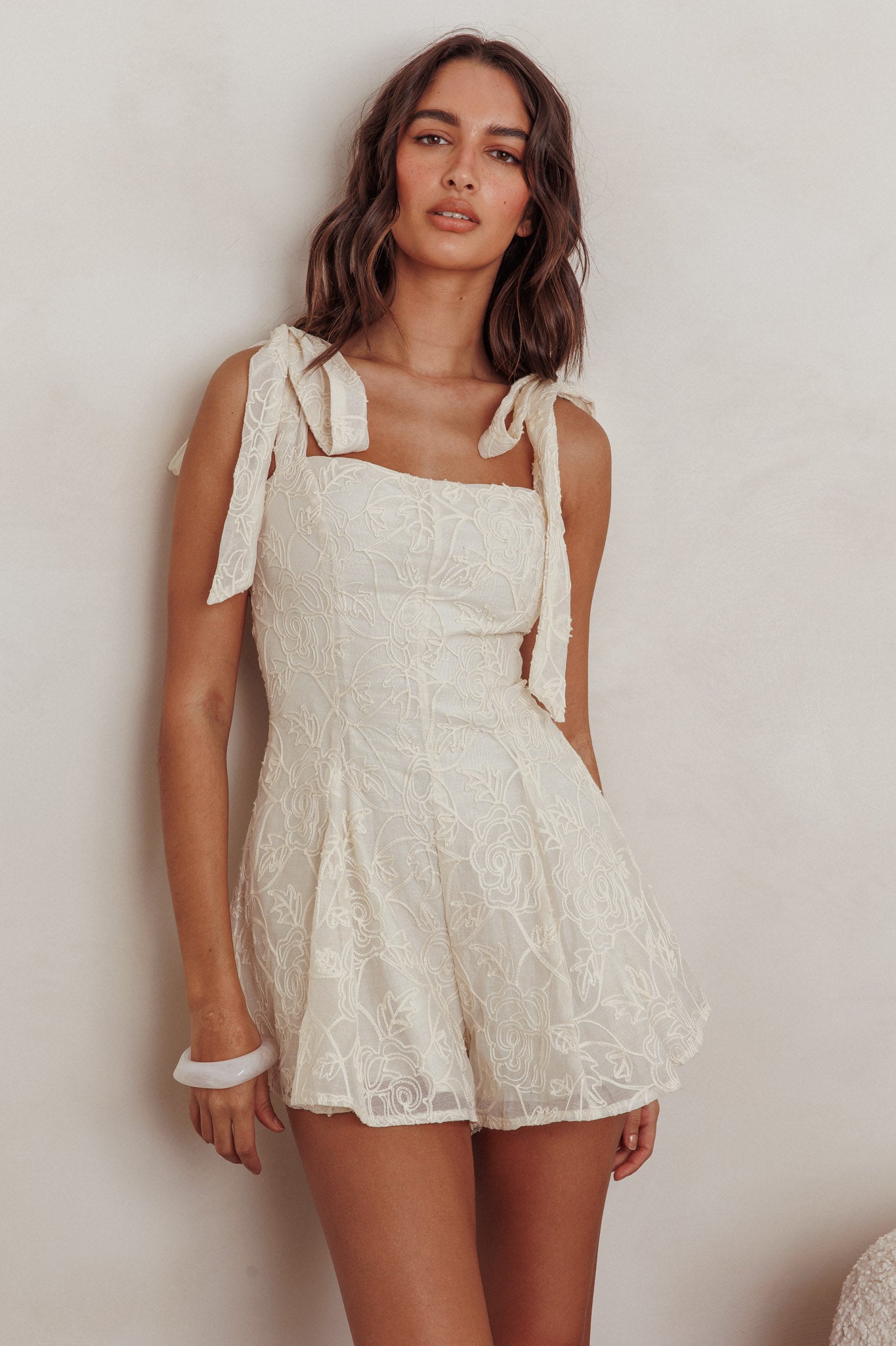 Shop the Good Days Tied Shoulder Romper Cream