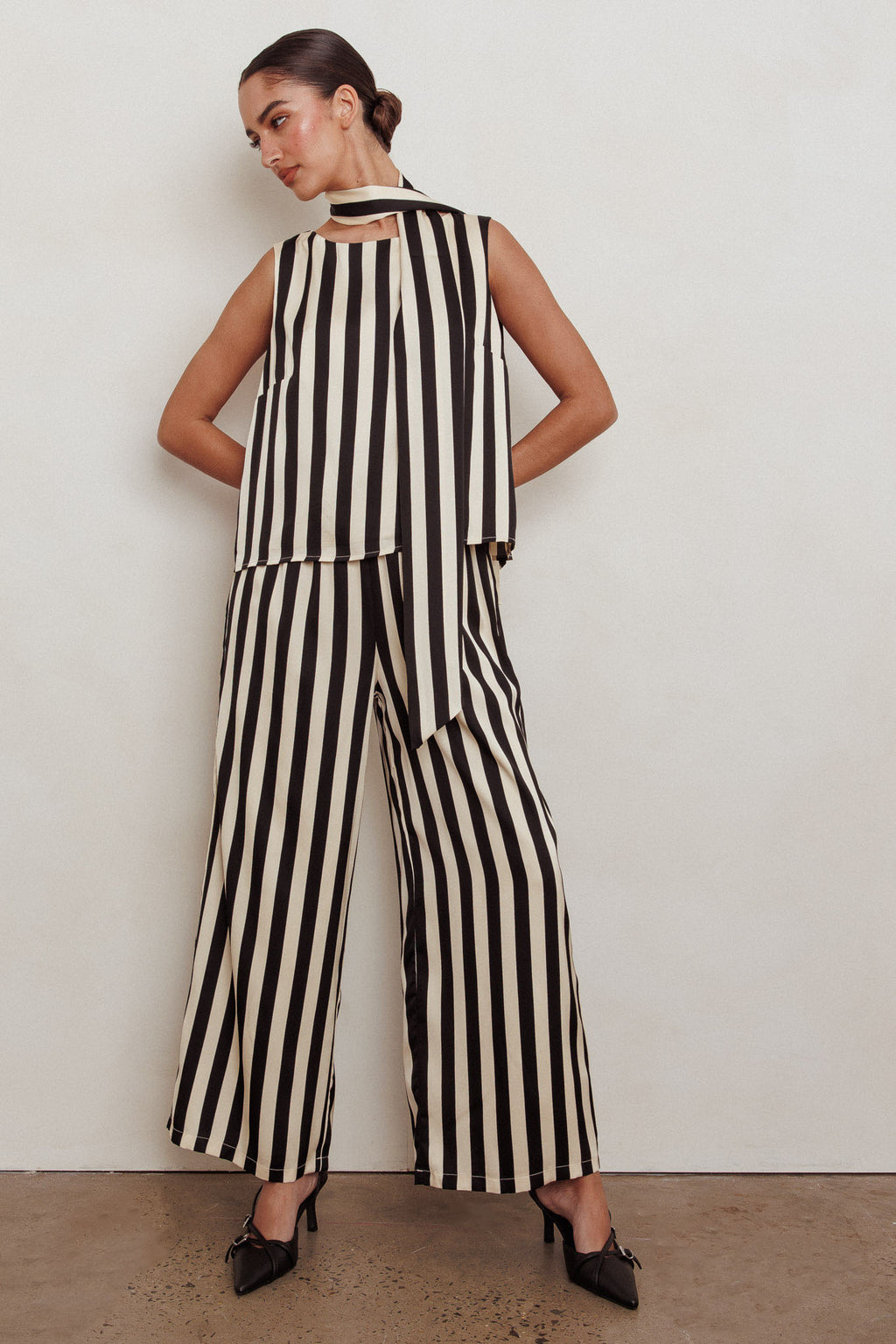 Love Galore Striped Wide Leg Pant Black/Beige by Selfie Leslie