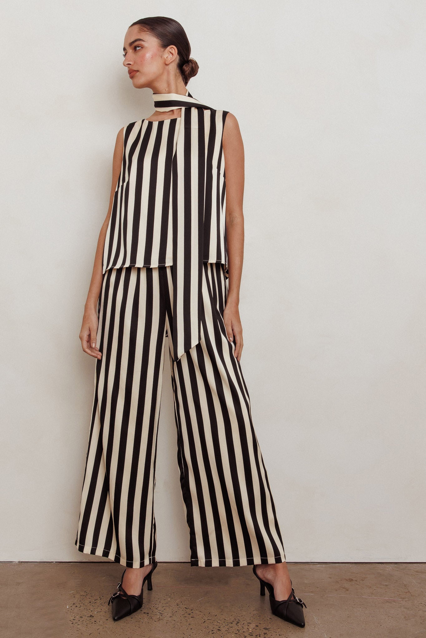 Love Galore Striped Wide Leg Pant Black/Beige by Selfie Leslie