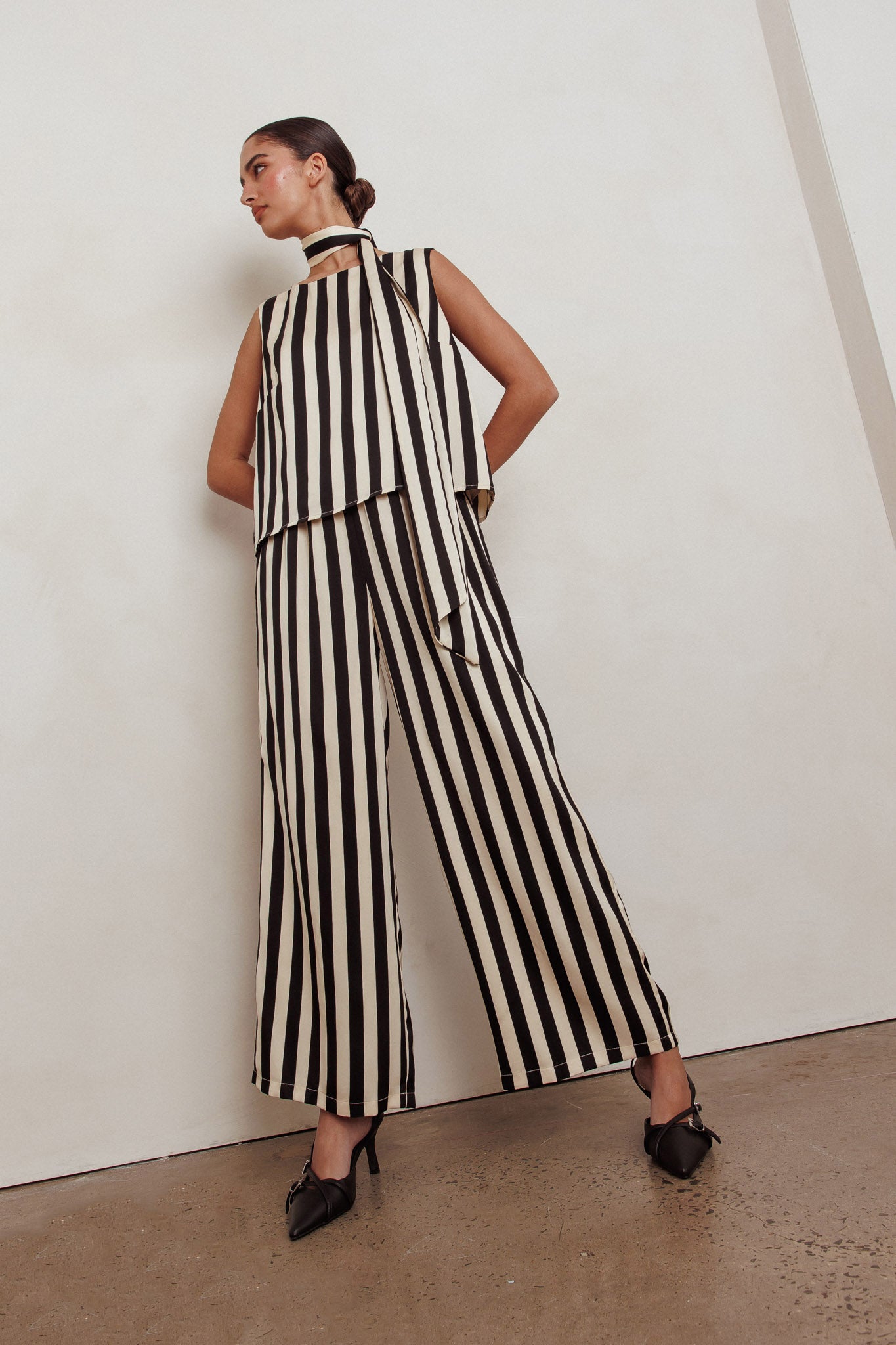 Love Galore Striped Wide Leg Pant Black/Beige by Selfie Leslie