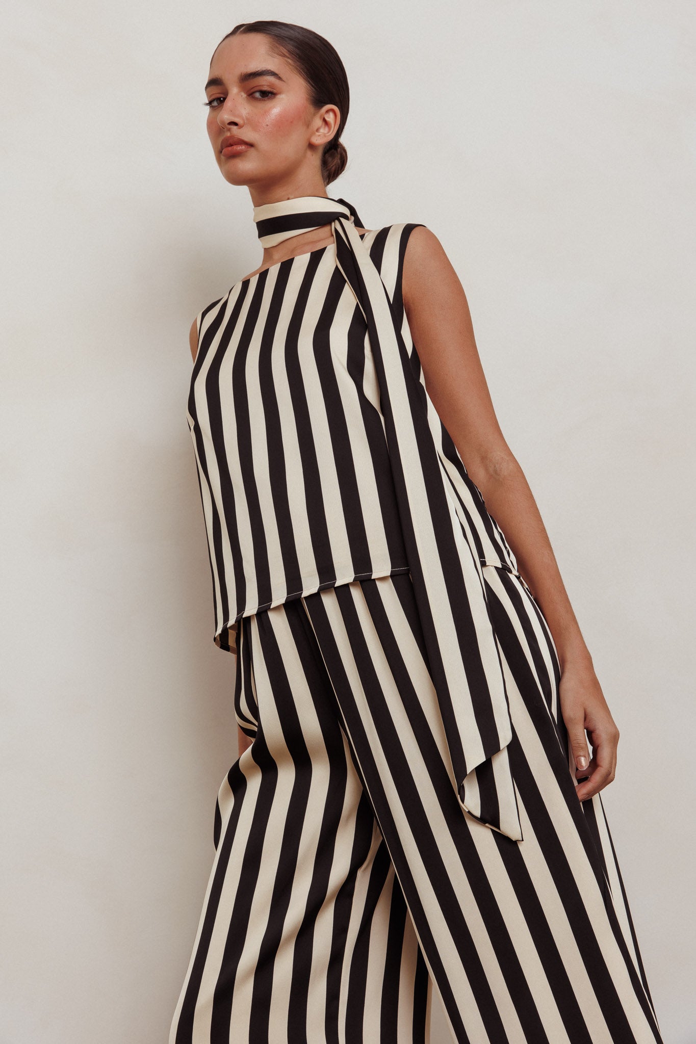 Love Galore Striped Sleeveless Top Black/Beige by Selfie Leslie