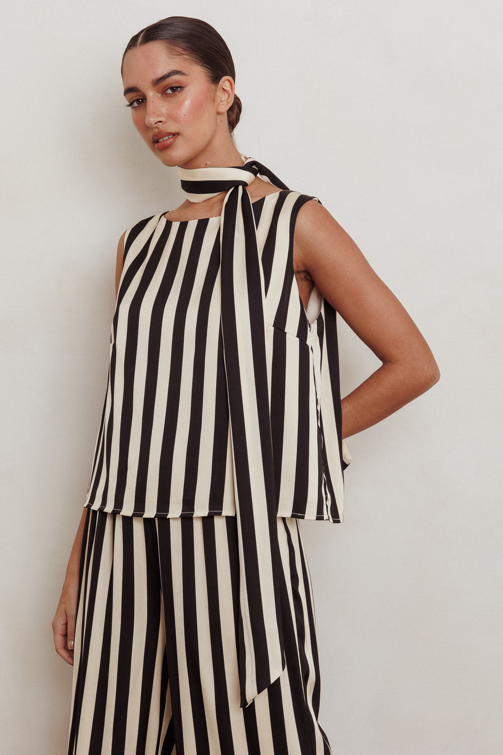 Love Galore Striped Sleeveless Top Black/Beige by Selfie Leslie