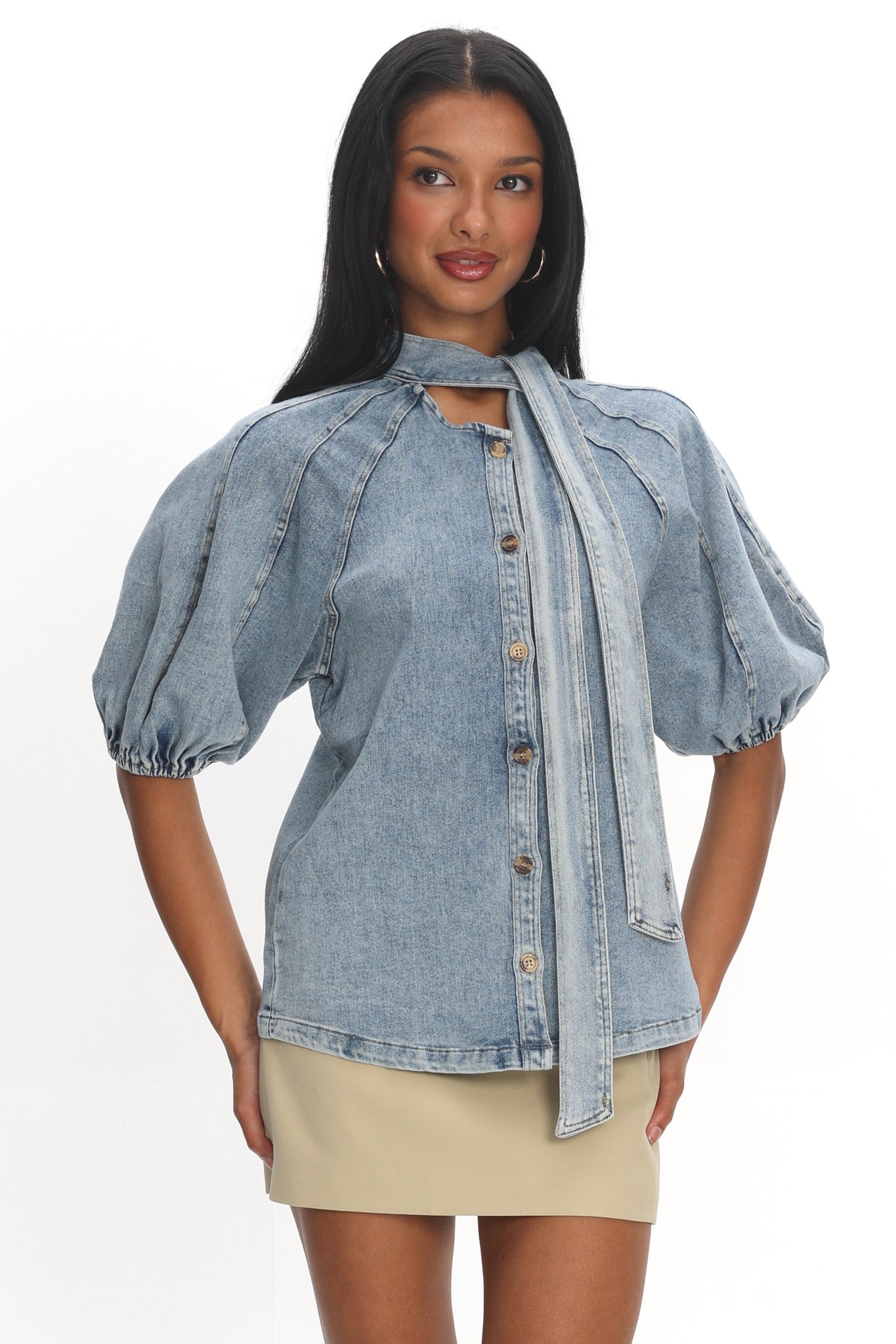 Notice Me Puff Sleeve Neck Bow Top Denim Blue