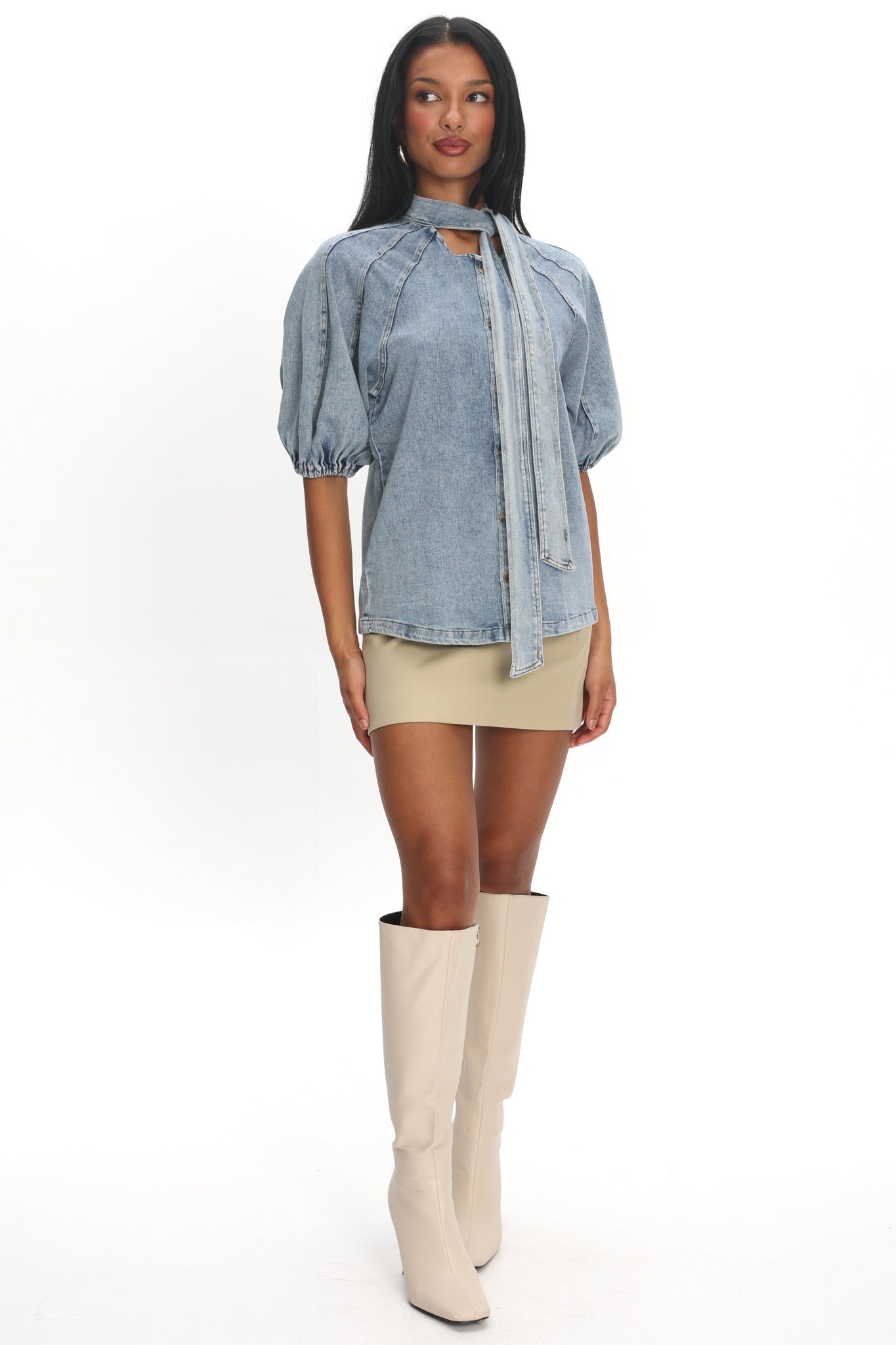 今期完売 FOXEY Blouse \"Audrey Ribbon II\" Notice Me Puff Sleeve Neck Bow Top Denim Blue– Selfie Leslie