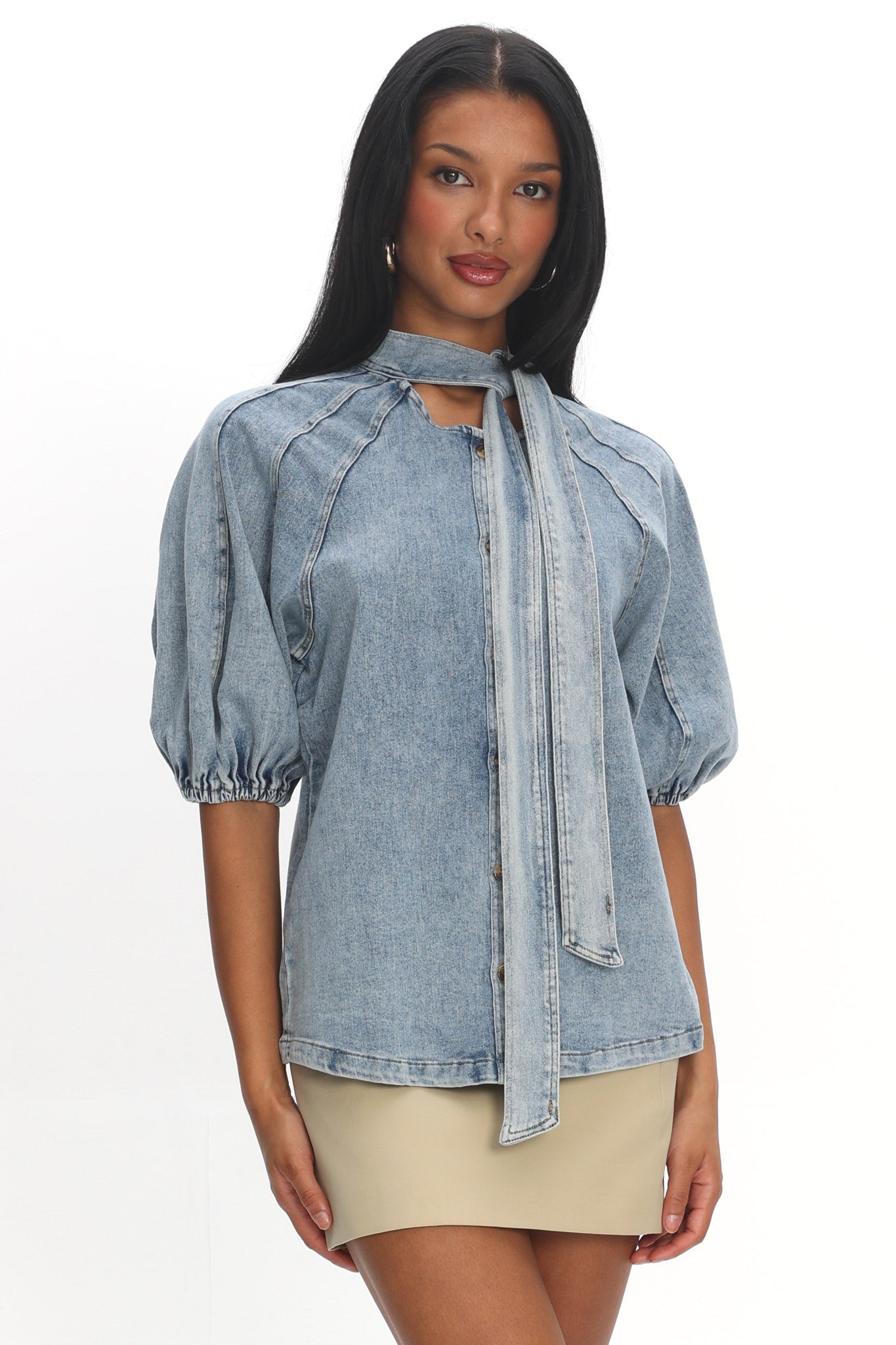 Notice Me Puff Sleeve Neck Bow Top Denim Blue– Selfie Leslie