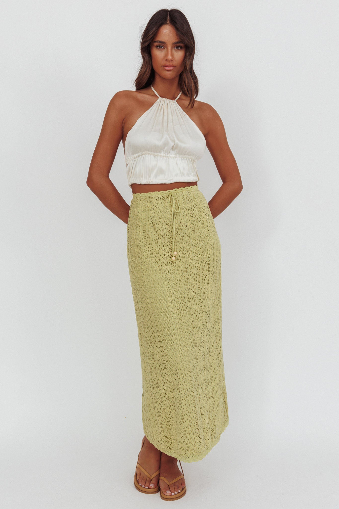 Days Away Crochet Lace Maxi Skirt Moss by Selfie Leslie