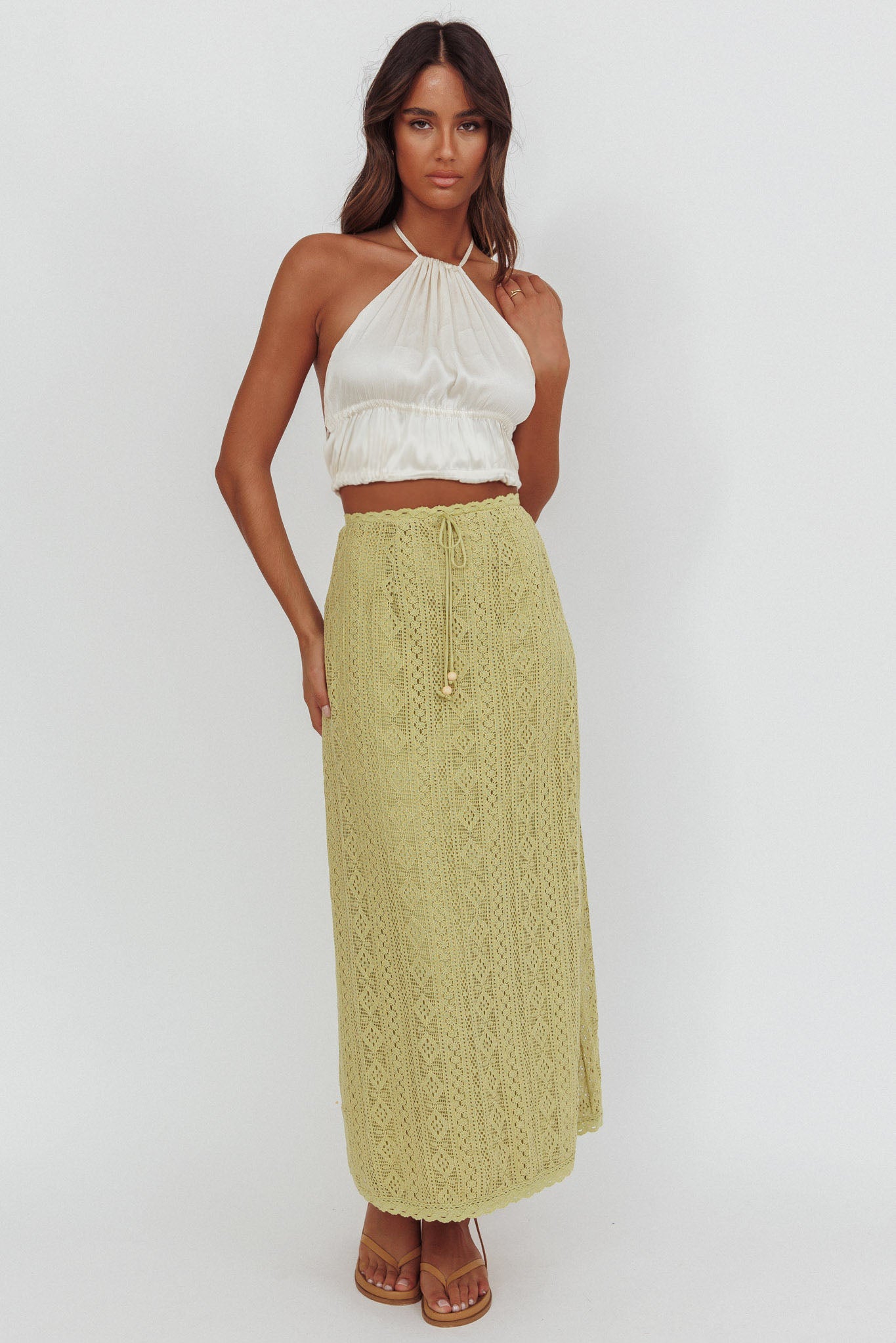 Days Away Crochet Lace Maxi Skirt Moss by Selfie Leslie