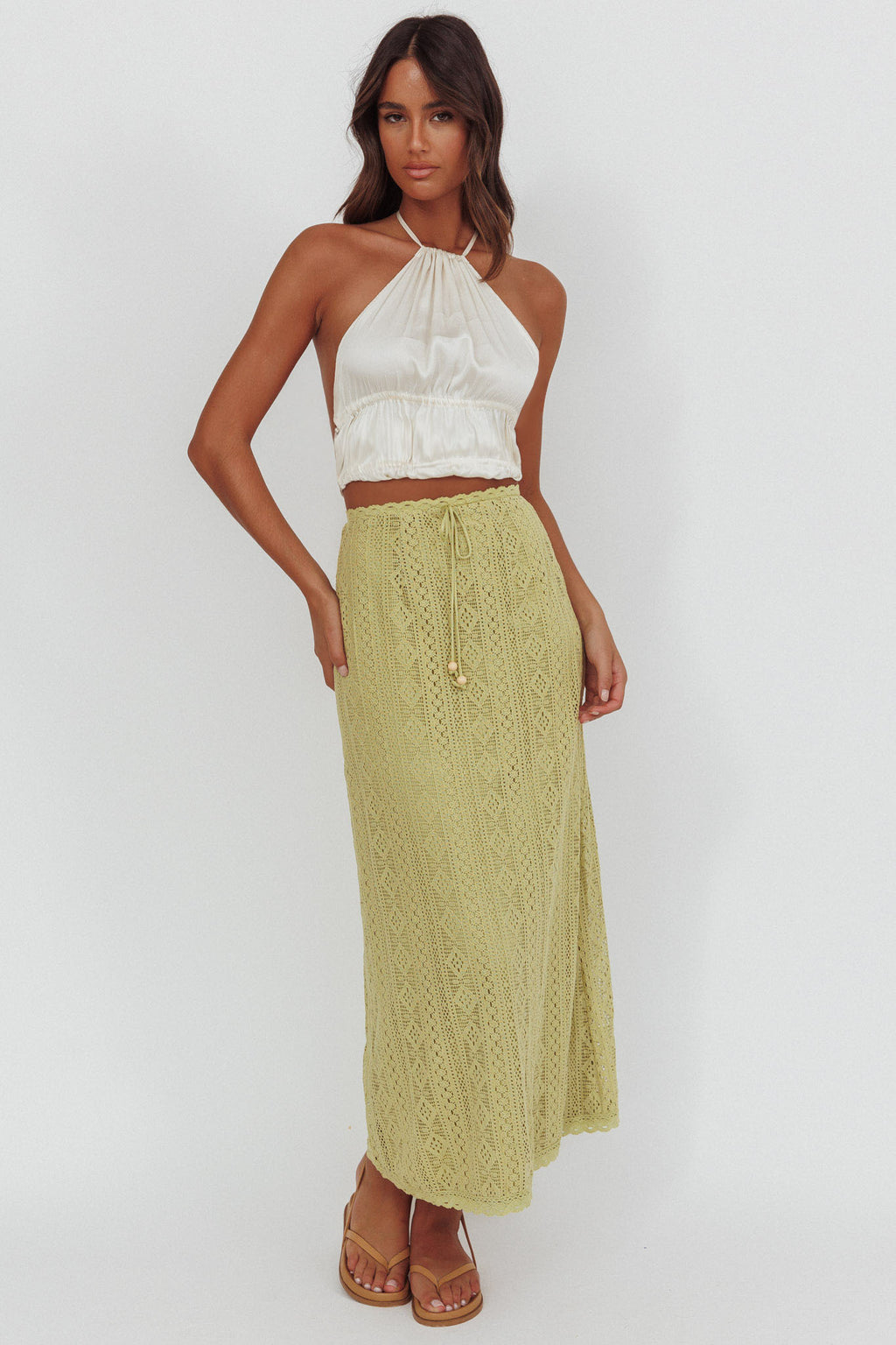 Days Away Crochet Lace Maxi Skirt Moss by Selfie Leslie