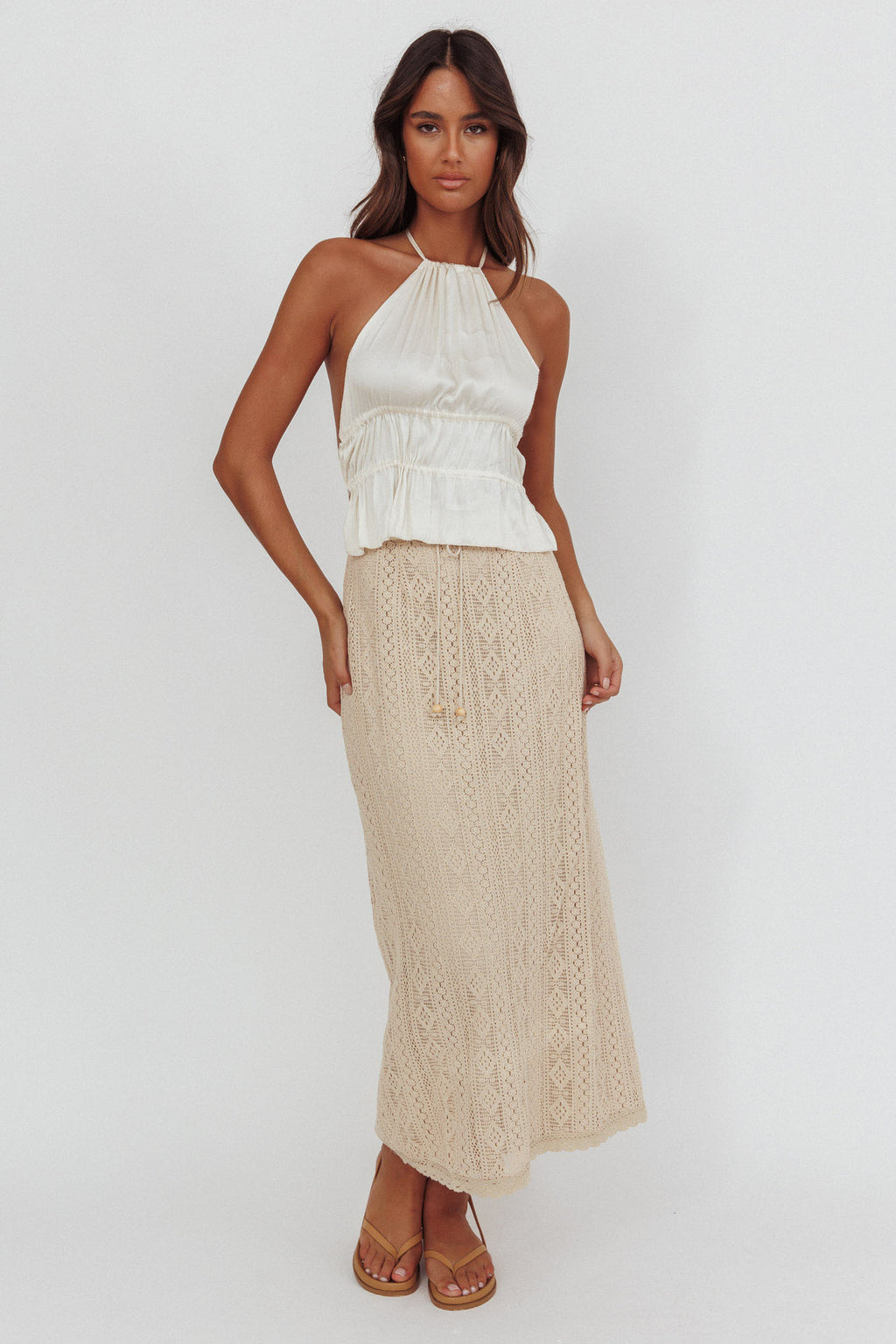 Days Away Crochet Lace Maxi Skirt Sand by Selfie Leslie