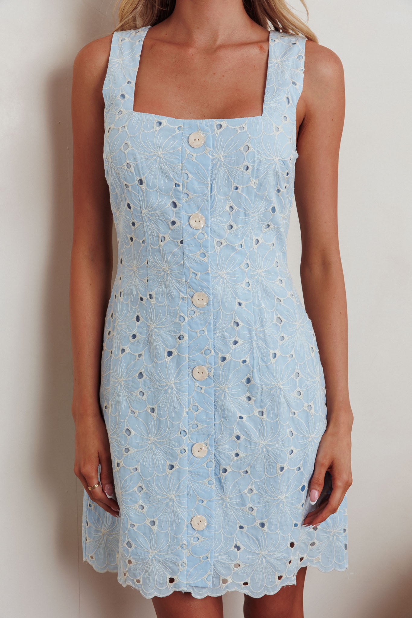 Villanelle Faux Button Placket Eyelet Mini Dress Blue by Selfie Leslie
