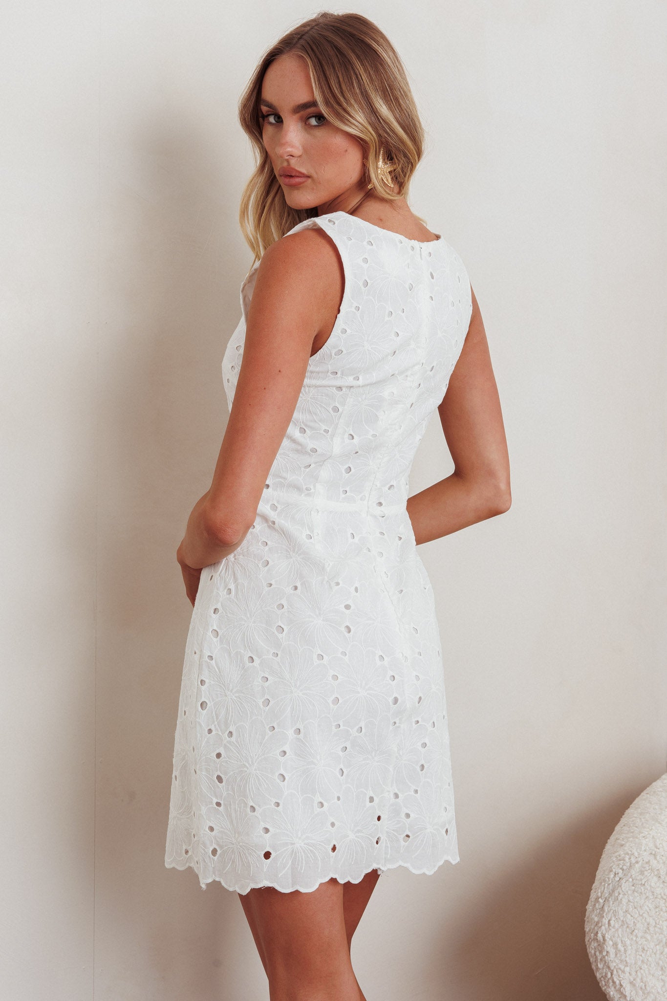 Villanelle Faux Button Placket Eyelet Mini Dress White Villanelle Faux Button Placket Eyelet Mini Dress White