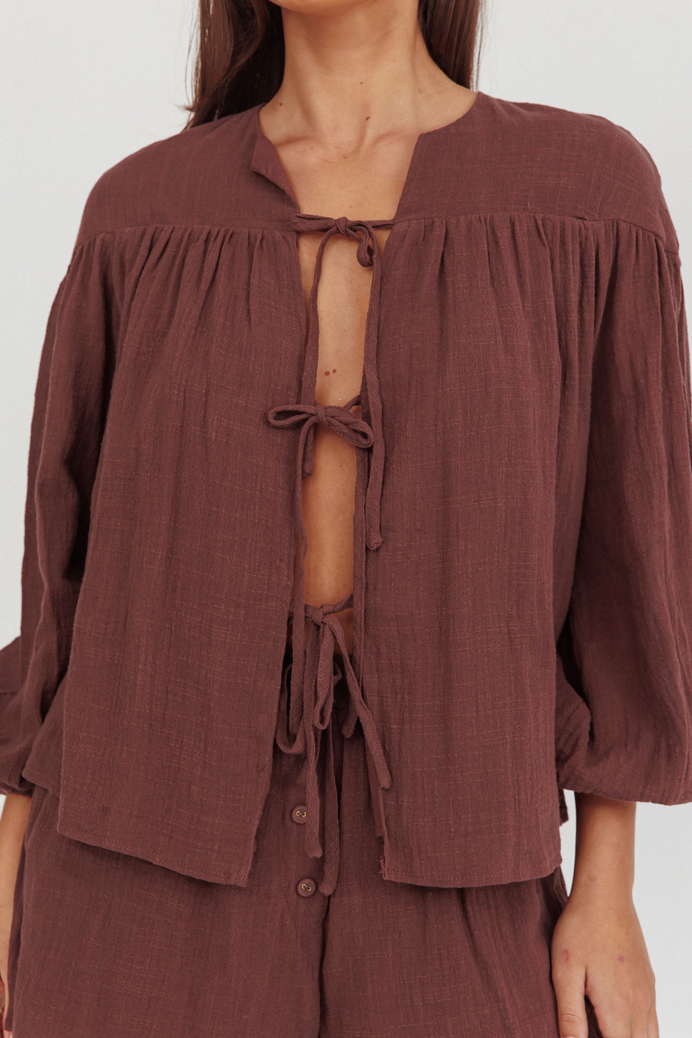 Salty Sea Tie Front Blouse Top Chocolate by Selfie Leslie