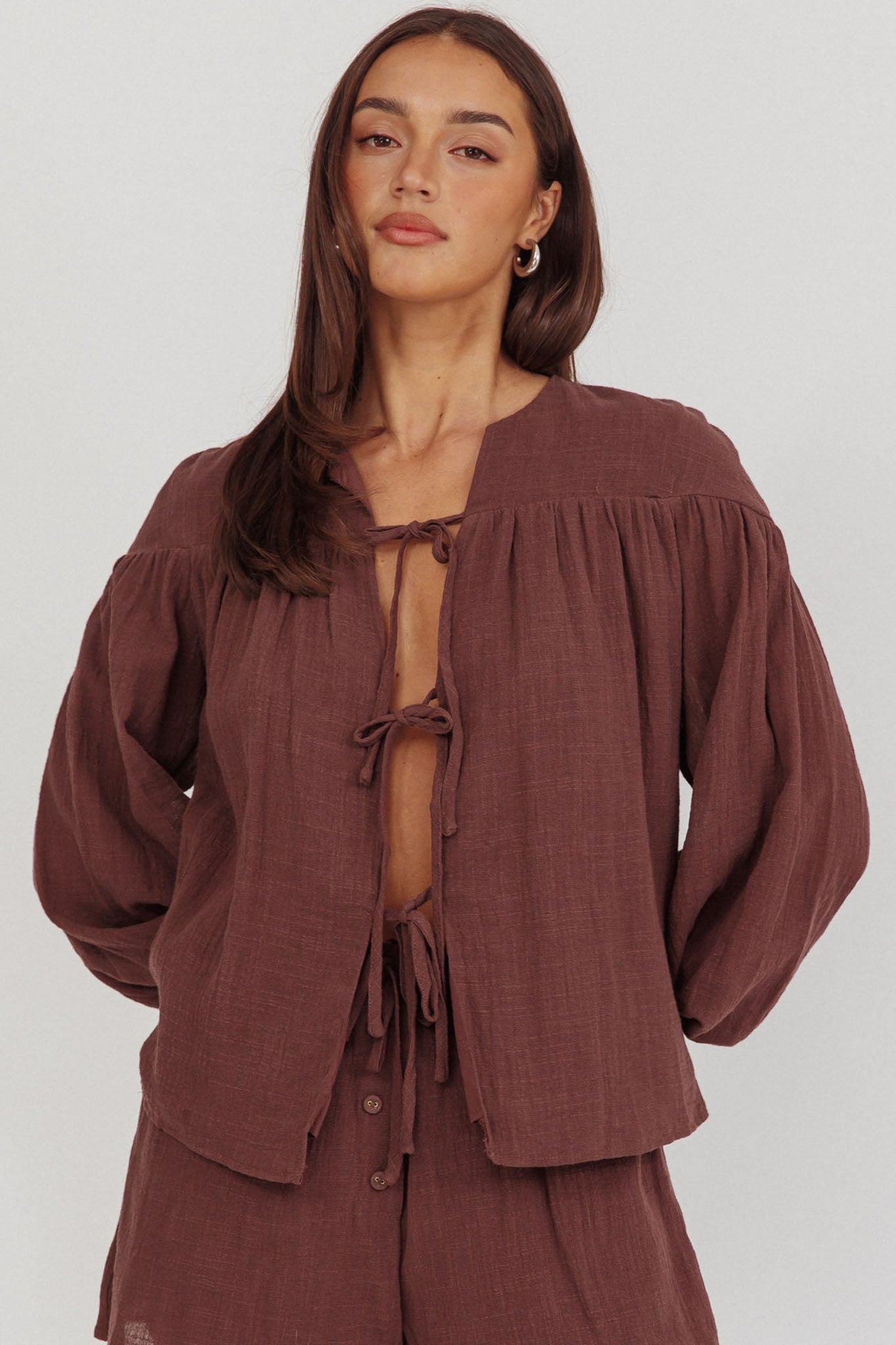 Salty Sea Tie Front Blouse Top Chocolate by Selfie Leslie