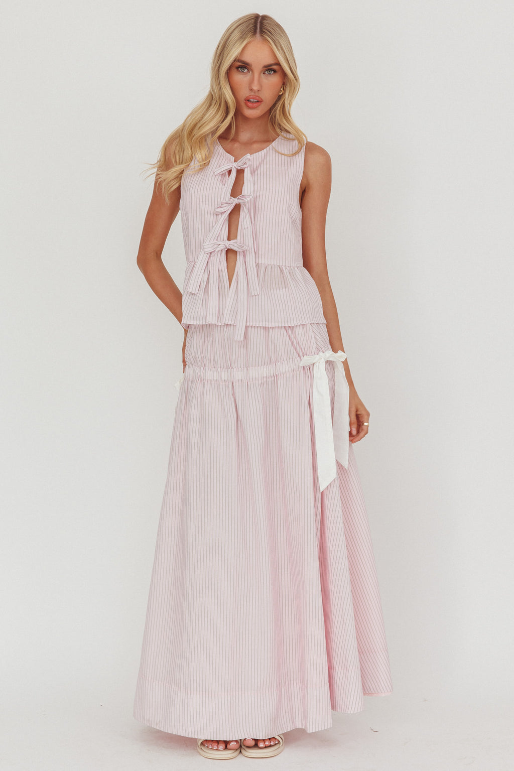 Salty Sea Tie Front Sleeveless Top Stripe Blush by Selfie Leslie