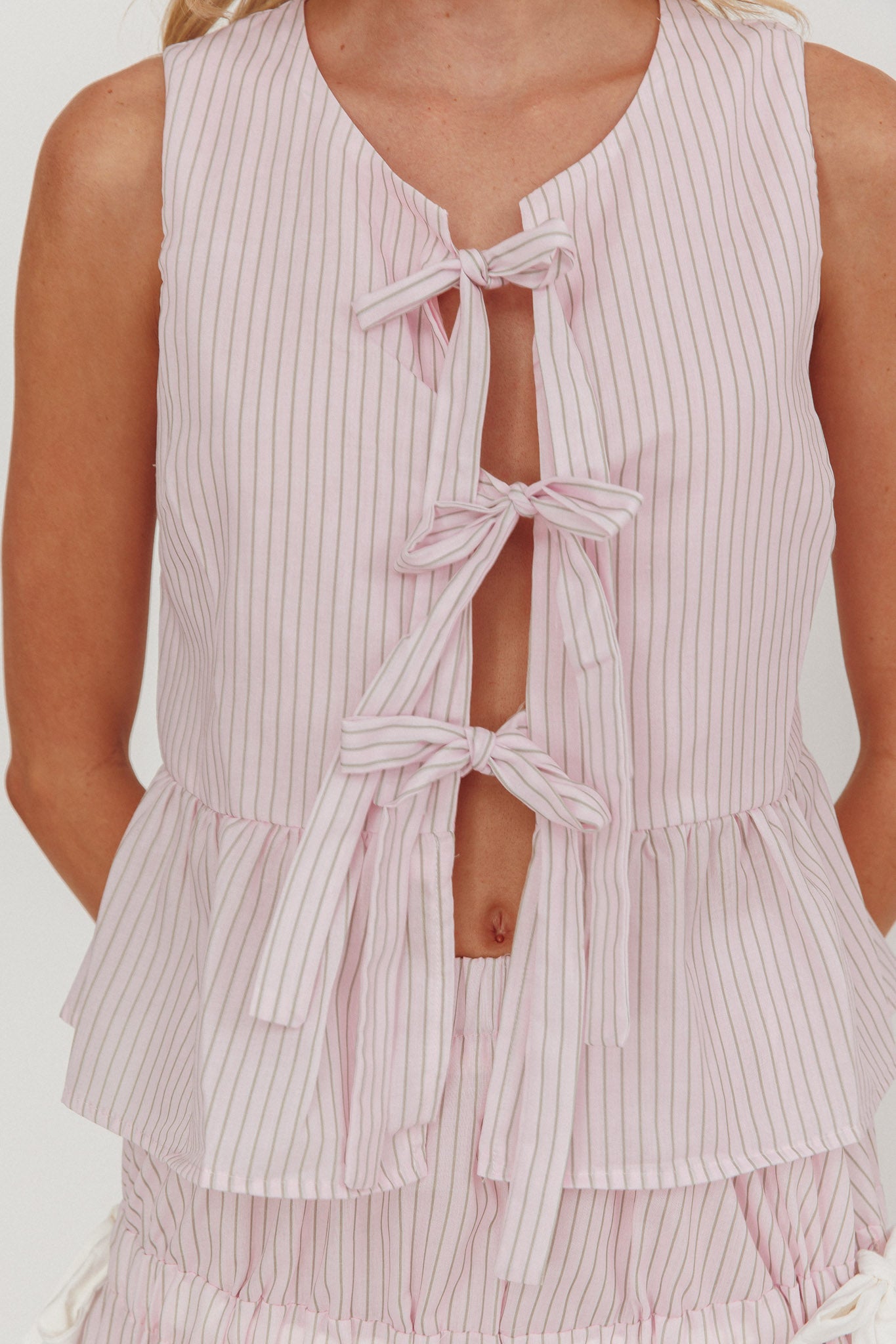 Salty Sea Tie Front Sleeveless Top Stripe Blush by Selfie Leslie