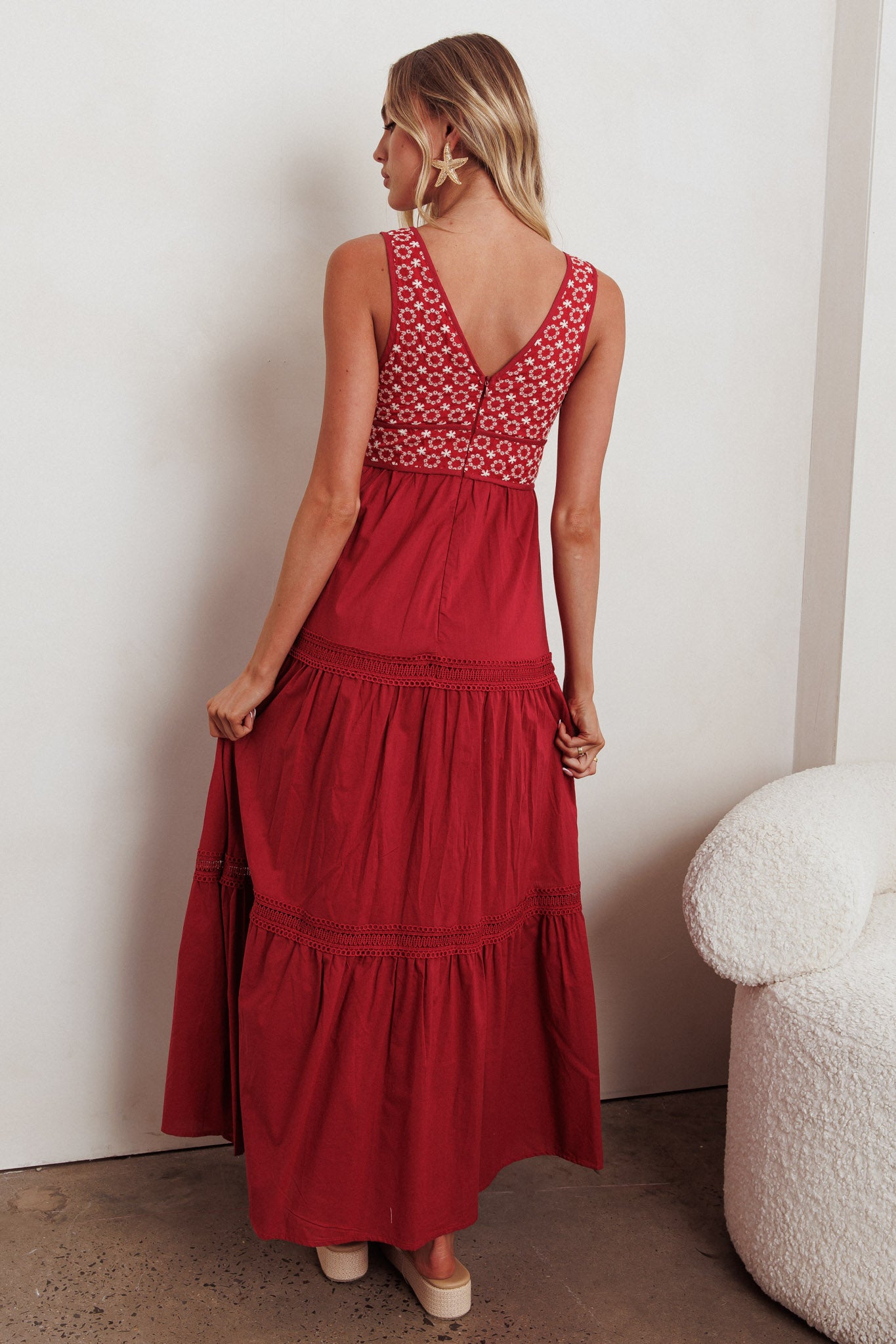 eyelet red dress Joycelin V-Neck Eyelet Maxi Dress Red