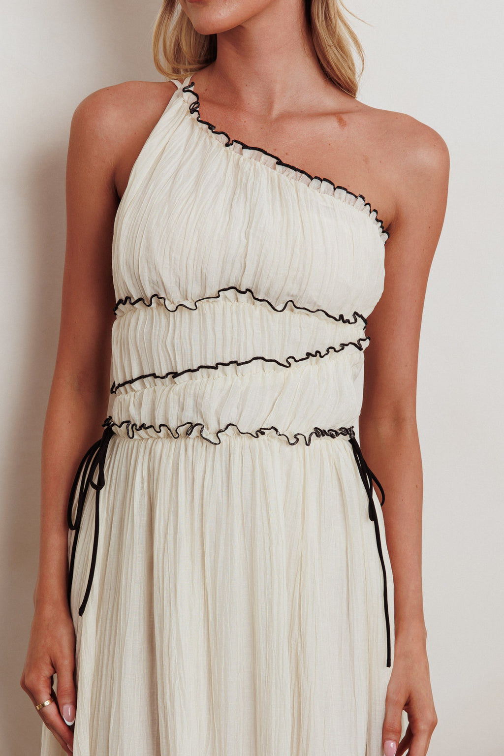 cream one shoulder maxi dress Kenna One Shoulder Maxi Dress