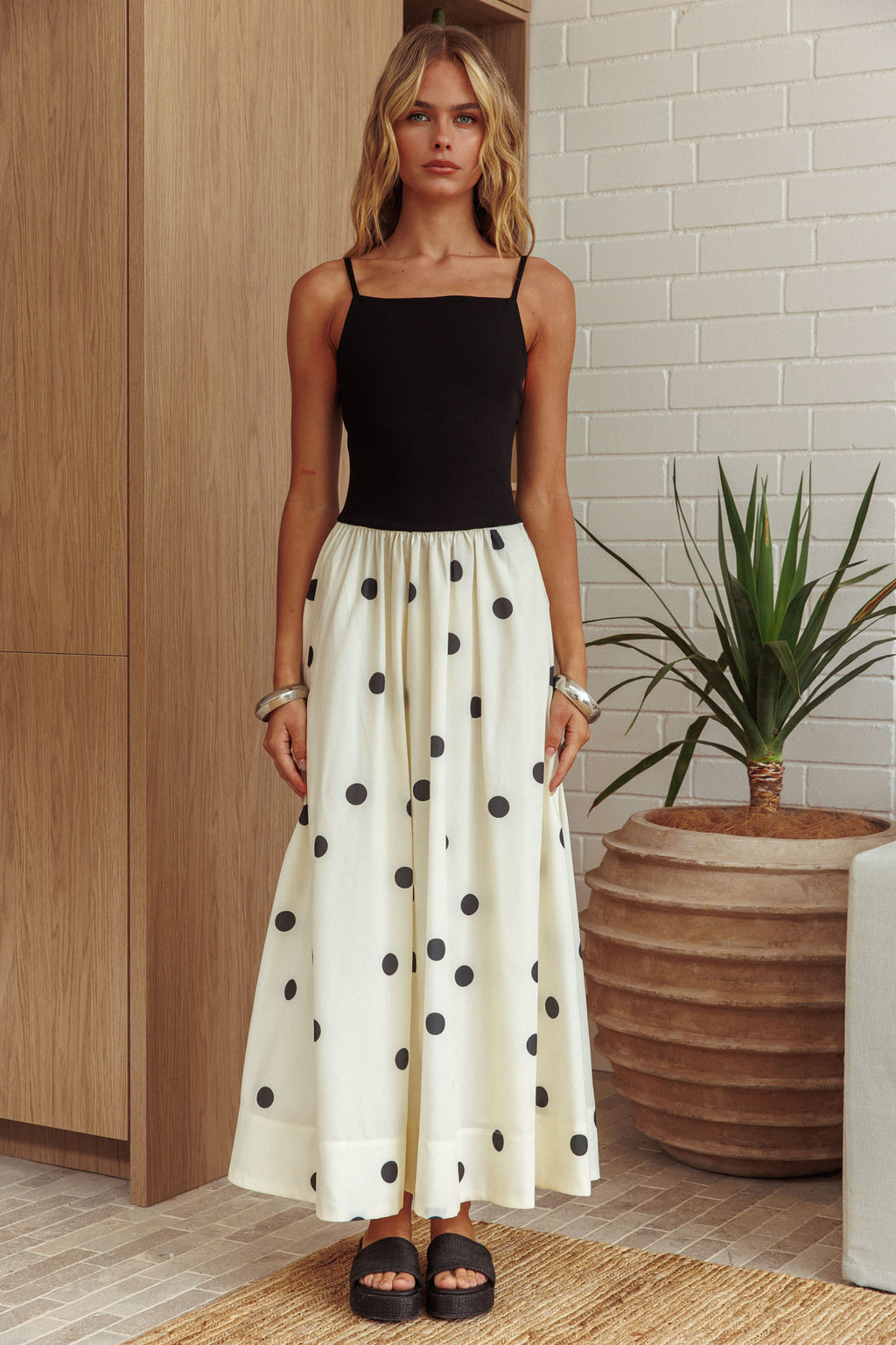 Melbourne Contrast Bodice Maxi Dress Polka Dot Black by Selfie Leslie