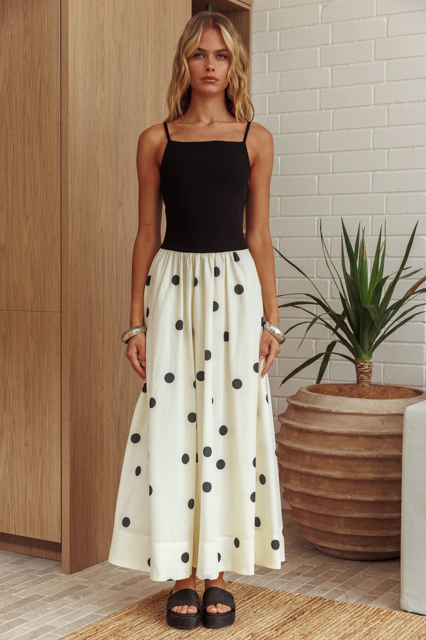 Melbourne Contrast Bodice Maxi Dress Polka Dot Black by Selfie Leslie