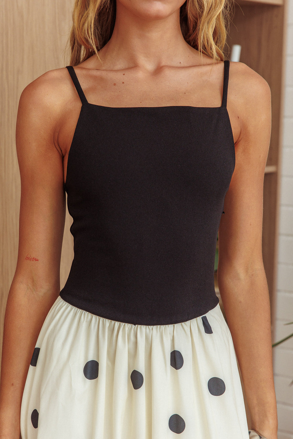 Melbourne Contrast Bodice Maxi Dress Polka Dot Black by Selfie Leslie