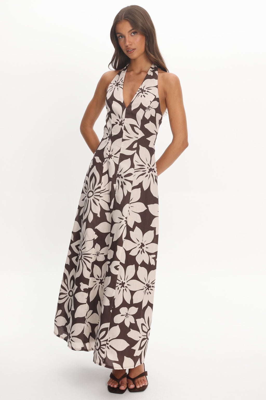 Exhilaration Halterneck Maxi Dress Print Chocolate by Selfie Leslie
