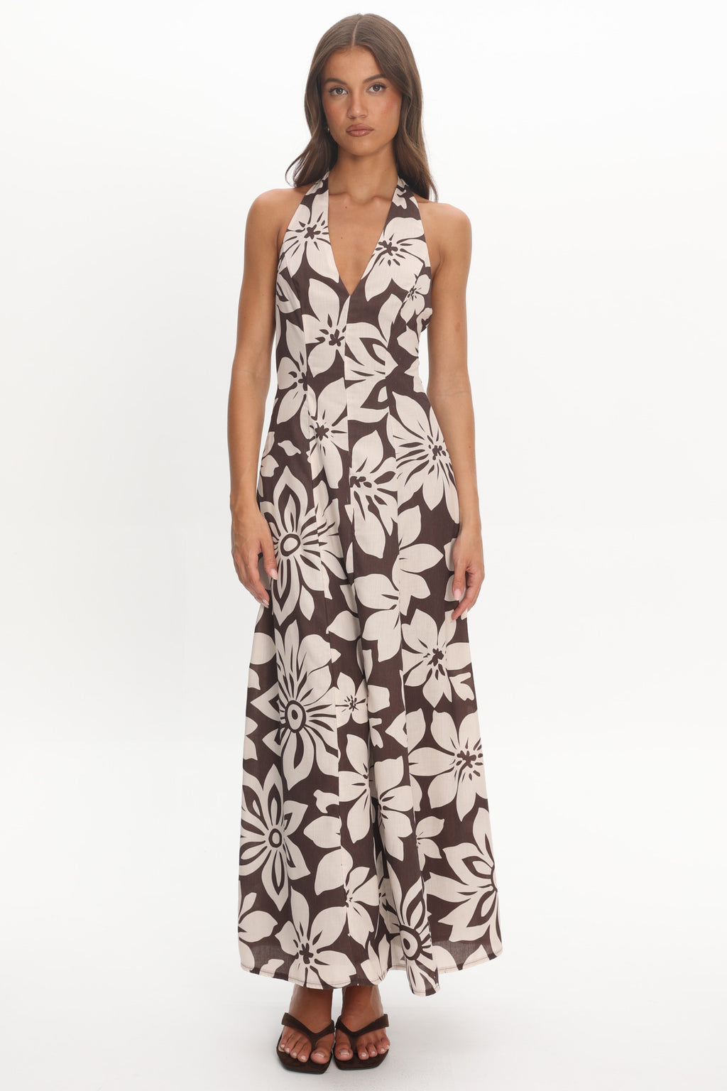 Exhilaration Halterneck Maxi Dress Print Chocolate by Selfie Leslie