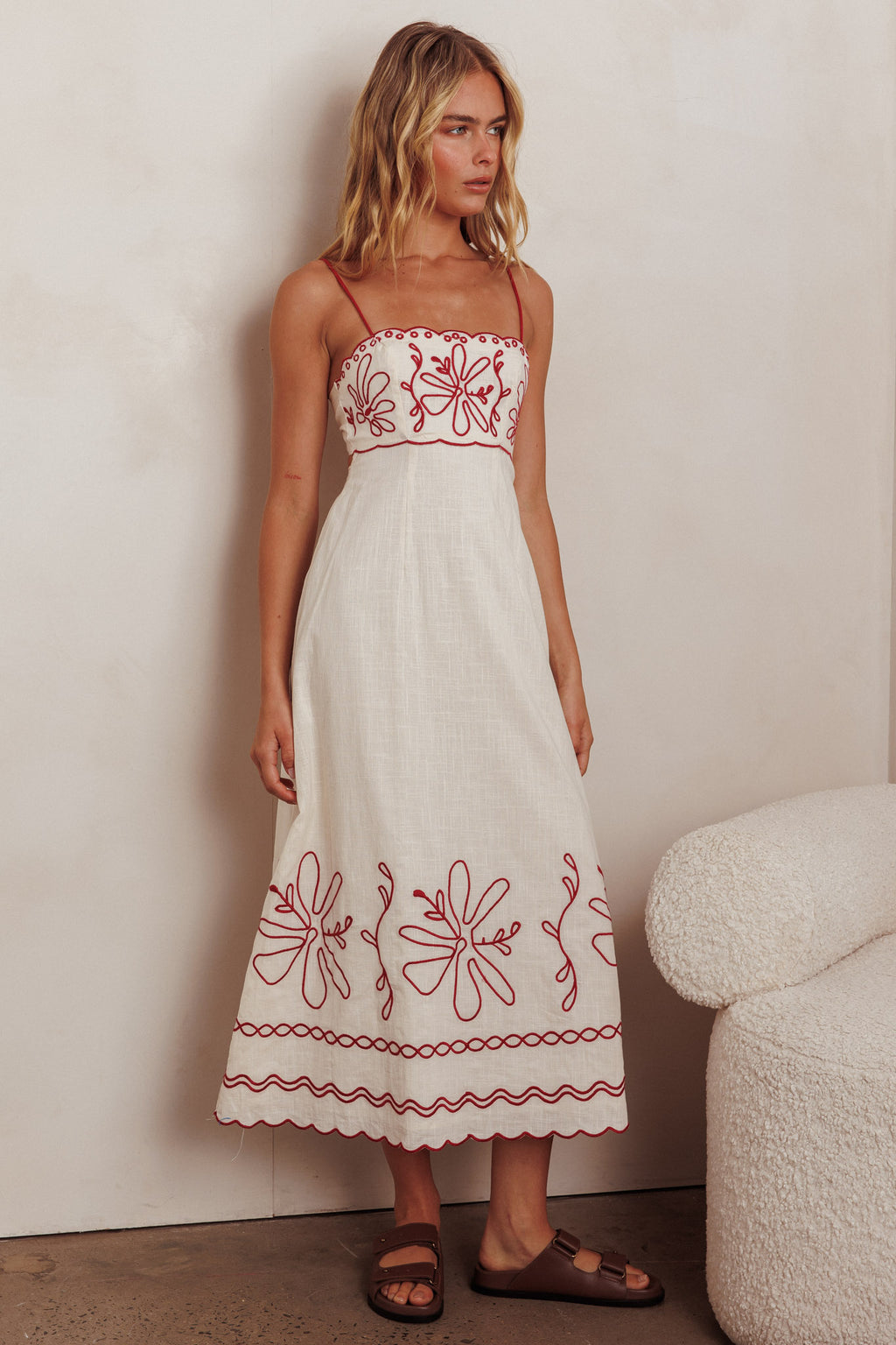 Mondo Scalloped Hem Maxi Dress Embroidered Red by Selfie Leslie