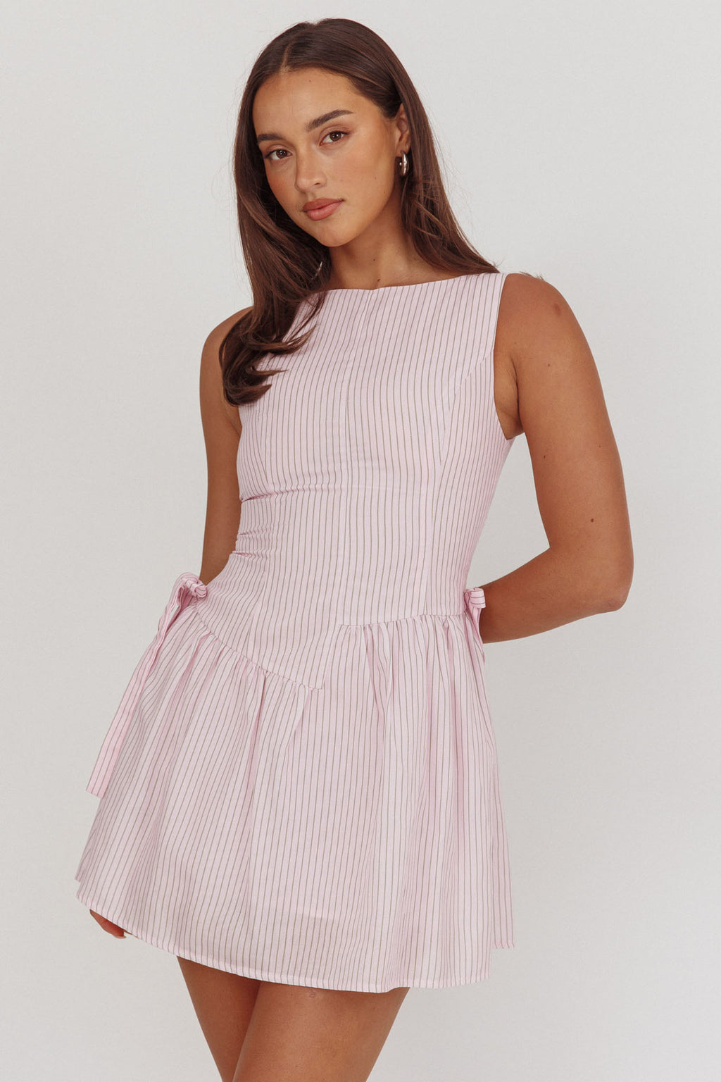 Teely Waist Bows Mini Dress Stripe Blush by Selfie Leslie