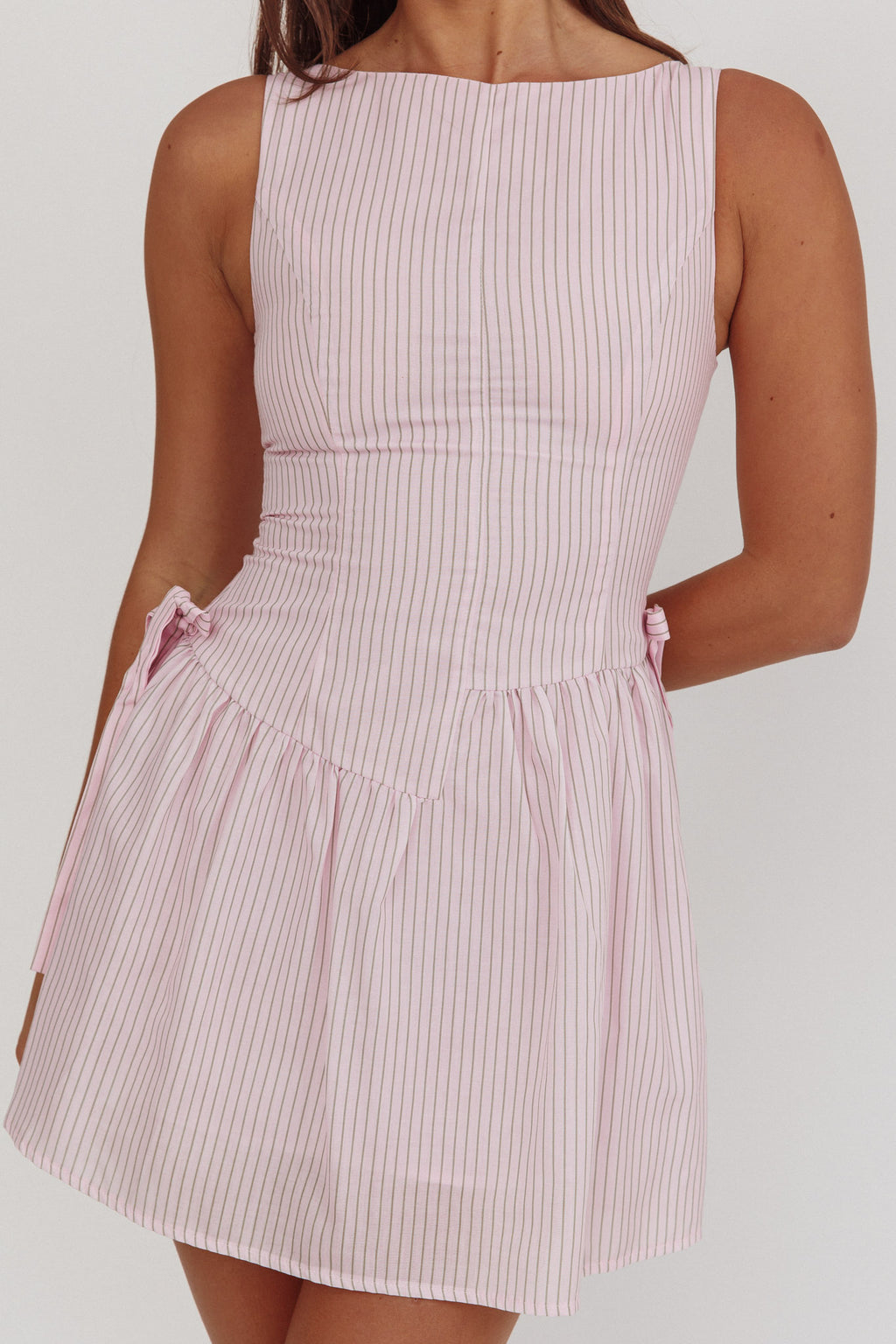 Teely Waist Bows Mini Dress Stripe Blush by Selfie Leslie