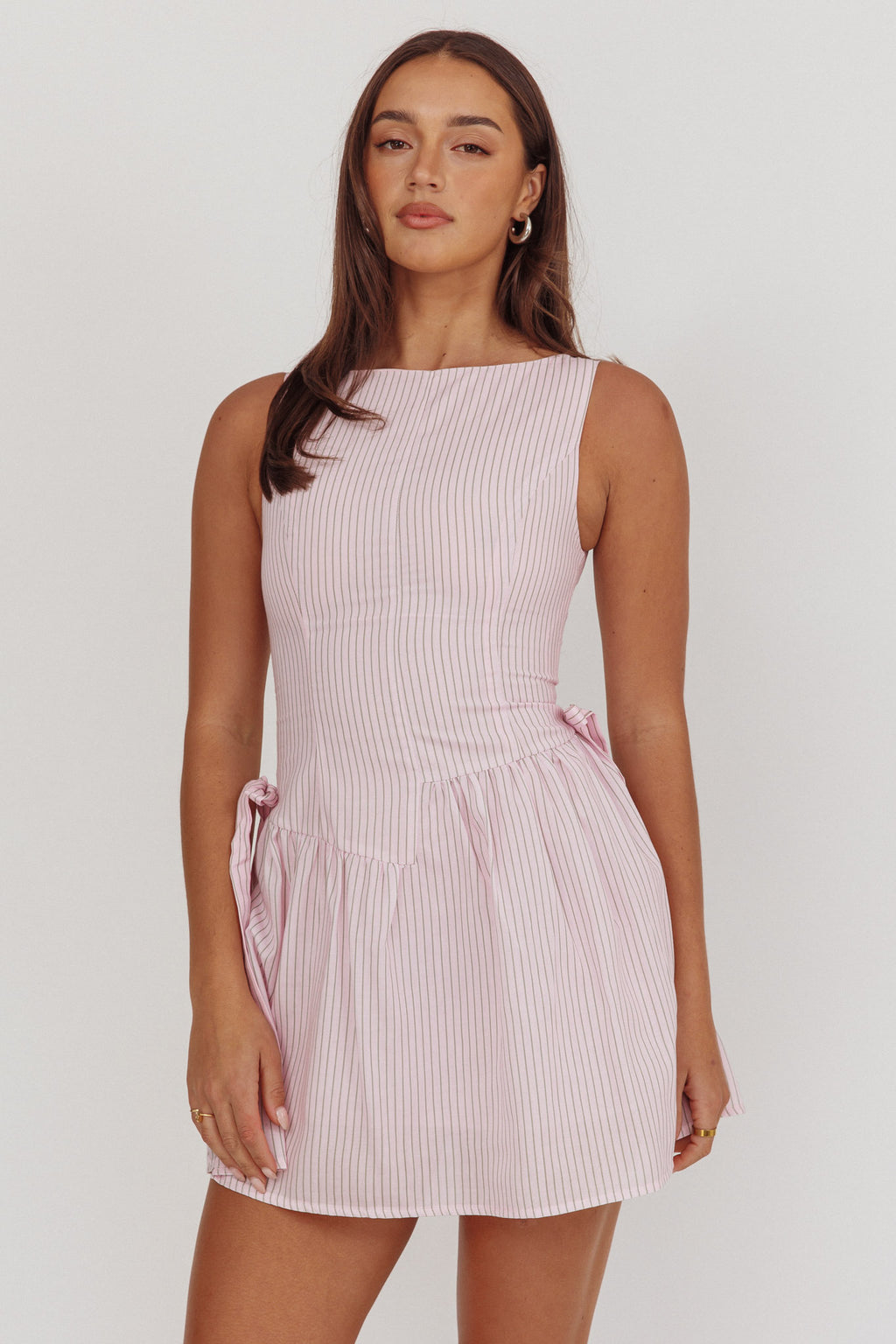 Teely Waist Bows Mini Dress Stripe Blush by Selfie Leslie
