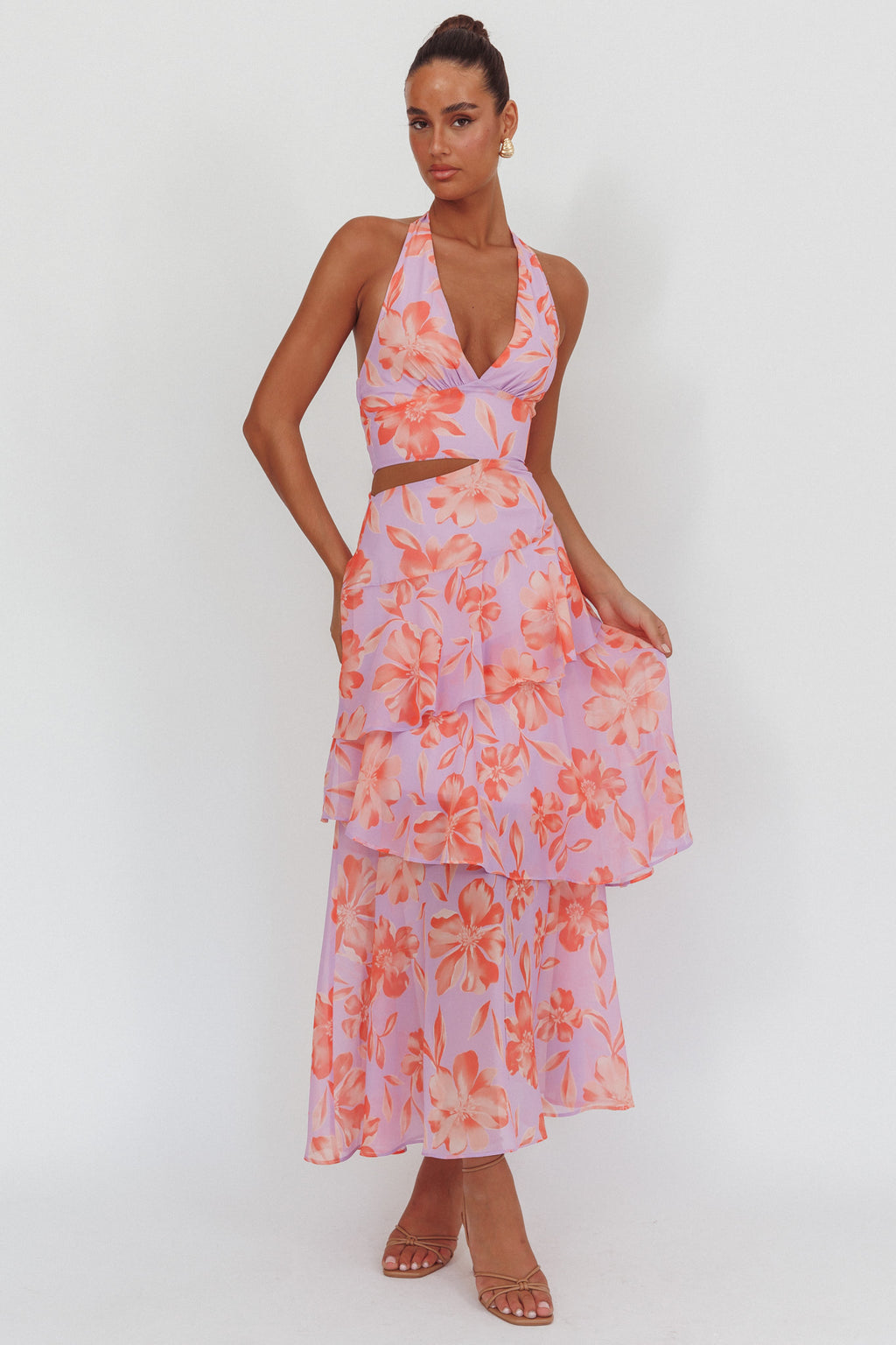 Aura Points Halterneck Cut-Out Maxi Dress Floral Lilac by Selfie Leslie
