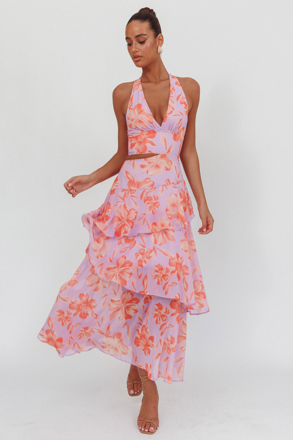 Aura Points Halterneck Cut-Out Maxi Dress Floral Lilac by Selfie Leslie