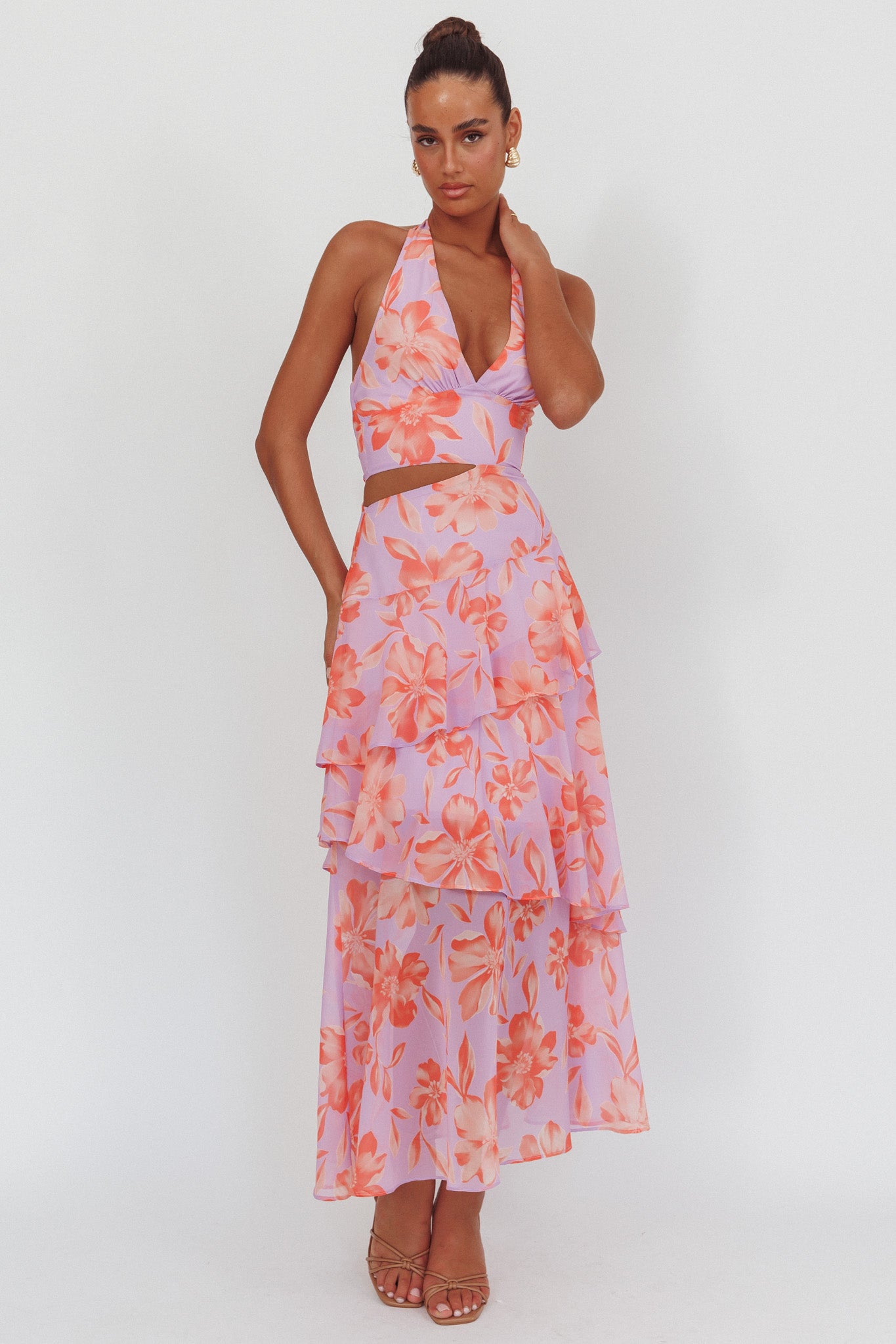Aura Points Halterneck Cut-Out Maxi Dress Floral Lilac by Selfie Leslie