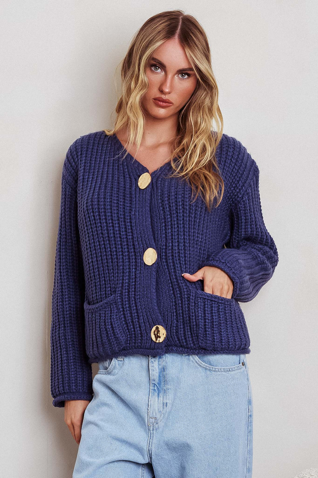 Cindie Chunky Knit Cardigan Navy by Selfie Leslie