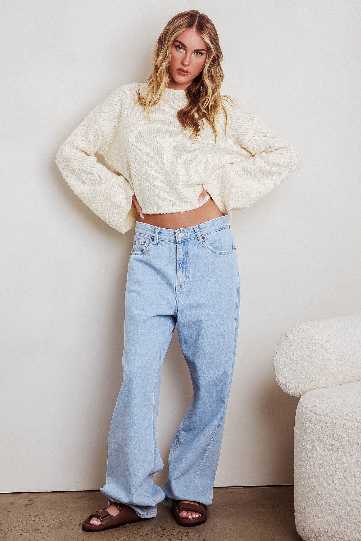 Strasbourg Flared Cuff Drop Shoulder Sweater Cream by Selfie Leslie