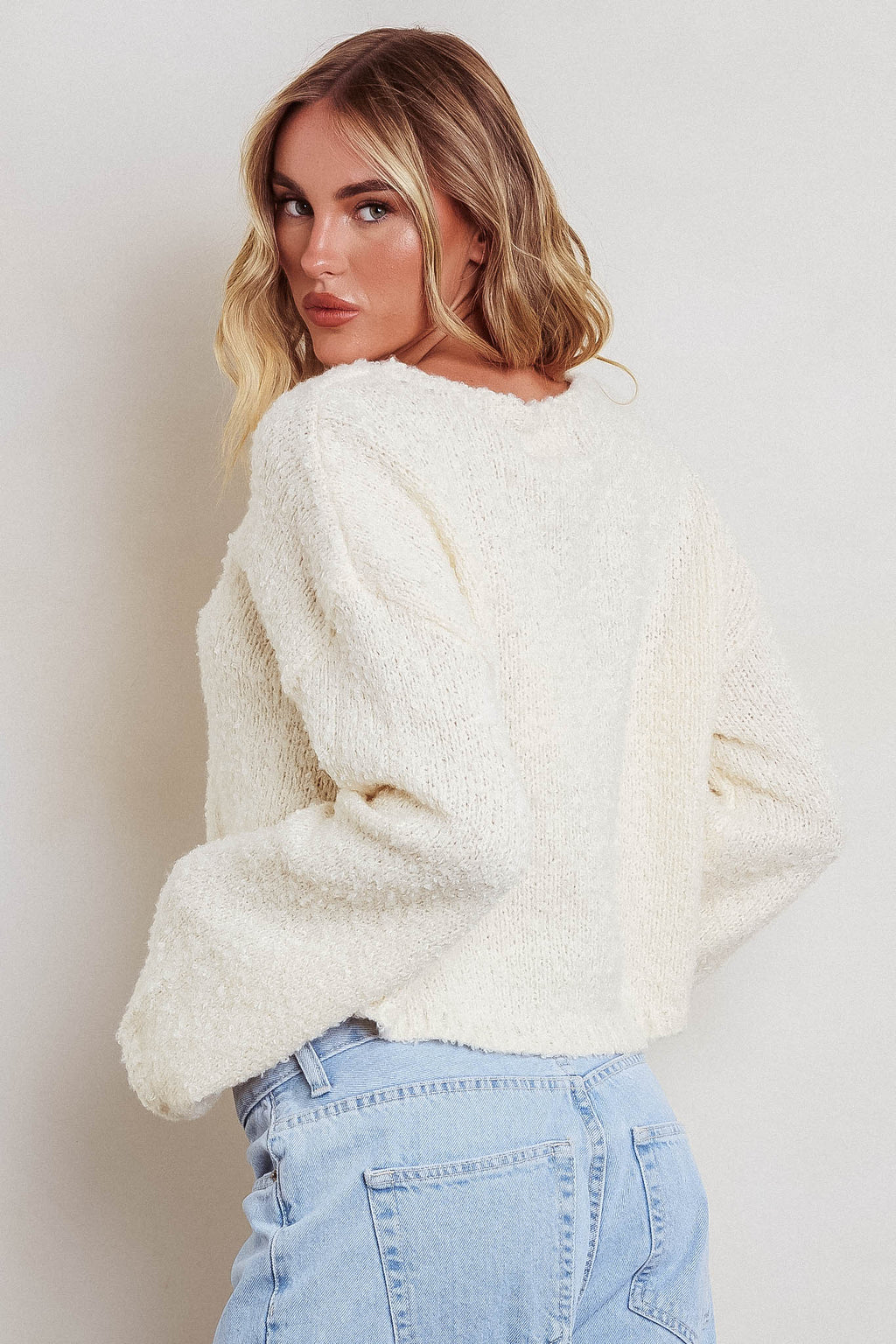 Strasbourg Flared Cuff Drop Shoulder Sweater Cream by Selfie Leslie