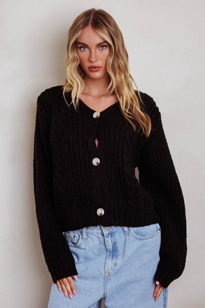 Prime Time Cable Knit Cardigan Black | Selfie Leslie