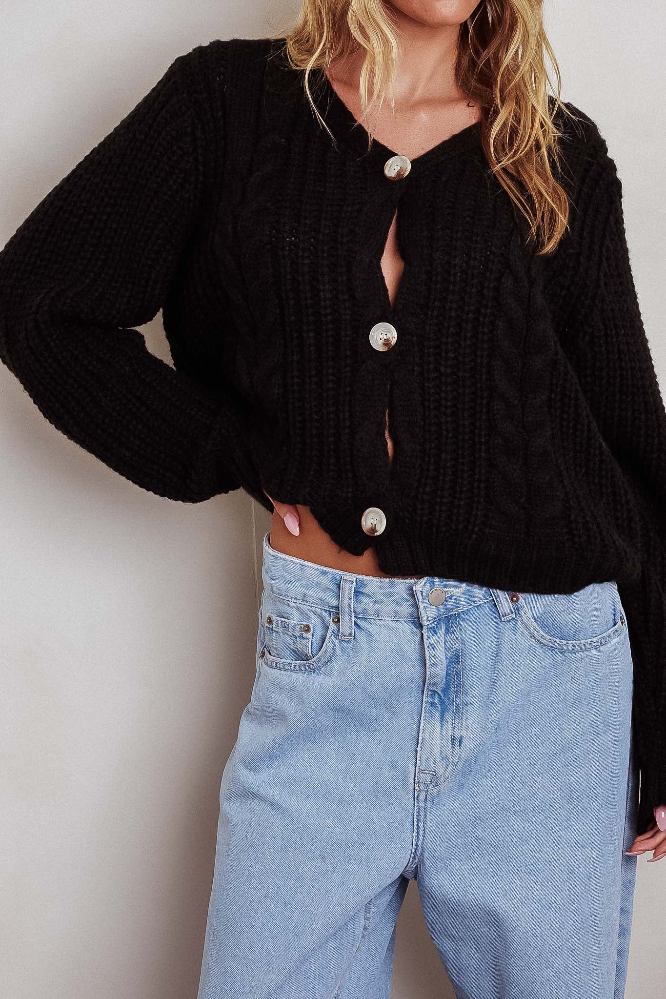 Prime Time Cable Knit Cardigan Black | Selfie Leslie