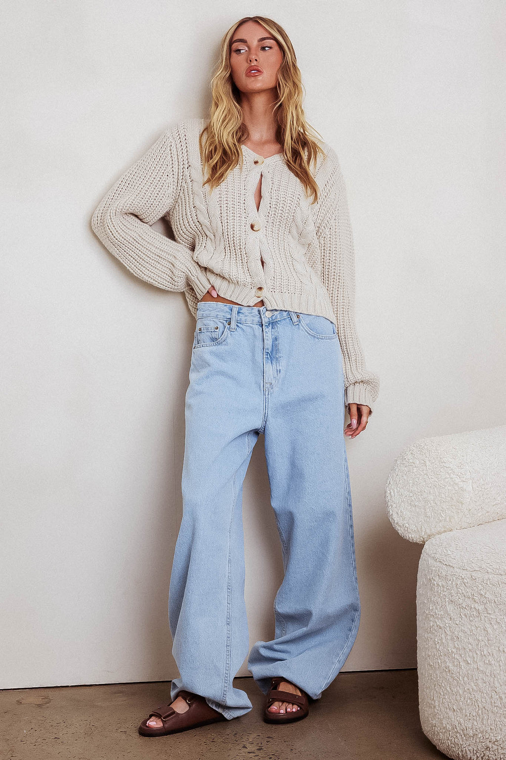 Prime Time Cable Knit Cardigan Oat by Selfie Leslie