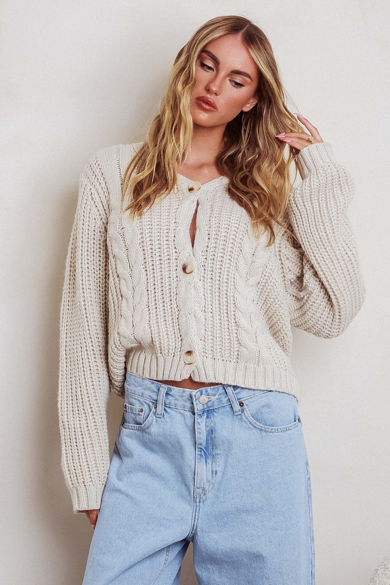 Prime Time Cable Knit Cardigan Oat by Selfie Leslie