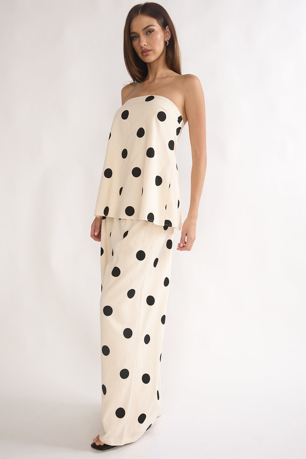 Loraya Wide Leg Pleat Pants Polka Dot Beige/Black