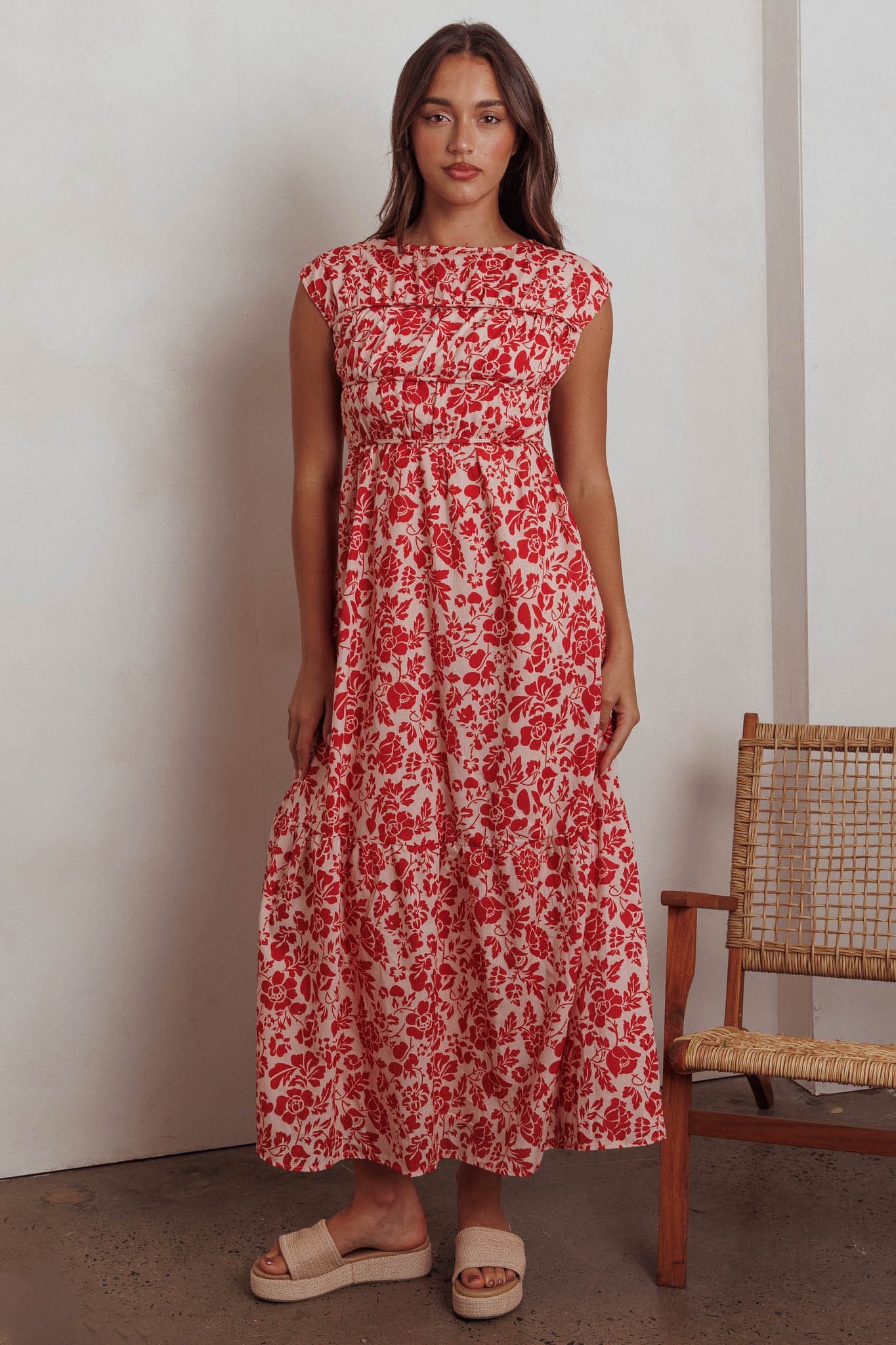 Called Out Gathered Bodice Maxi Dress Floral Red by Selfie Leslie