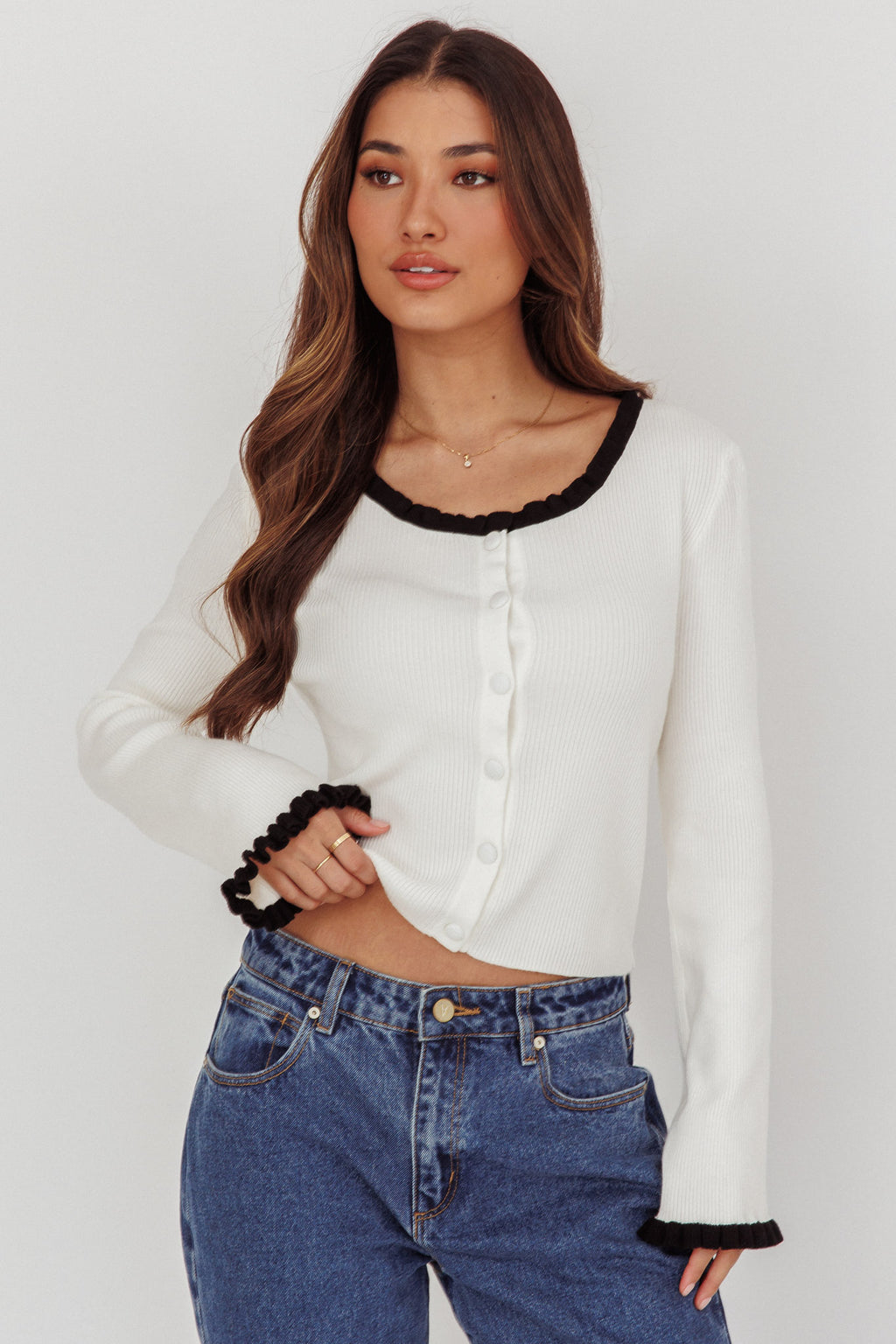 Oshan Ruffle Trim Cardigan Cream by Selfie Leslie