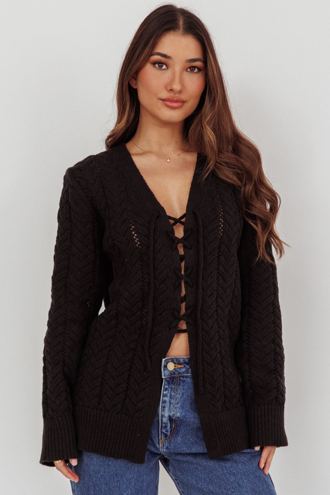 Seattle Lace-Up Front Knit Top Black by Selfie Leslie