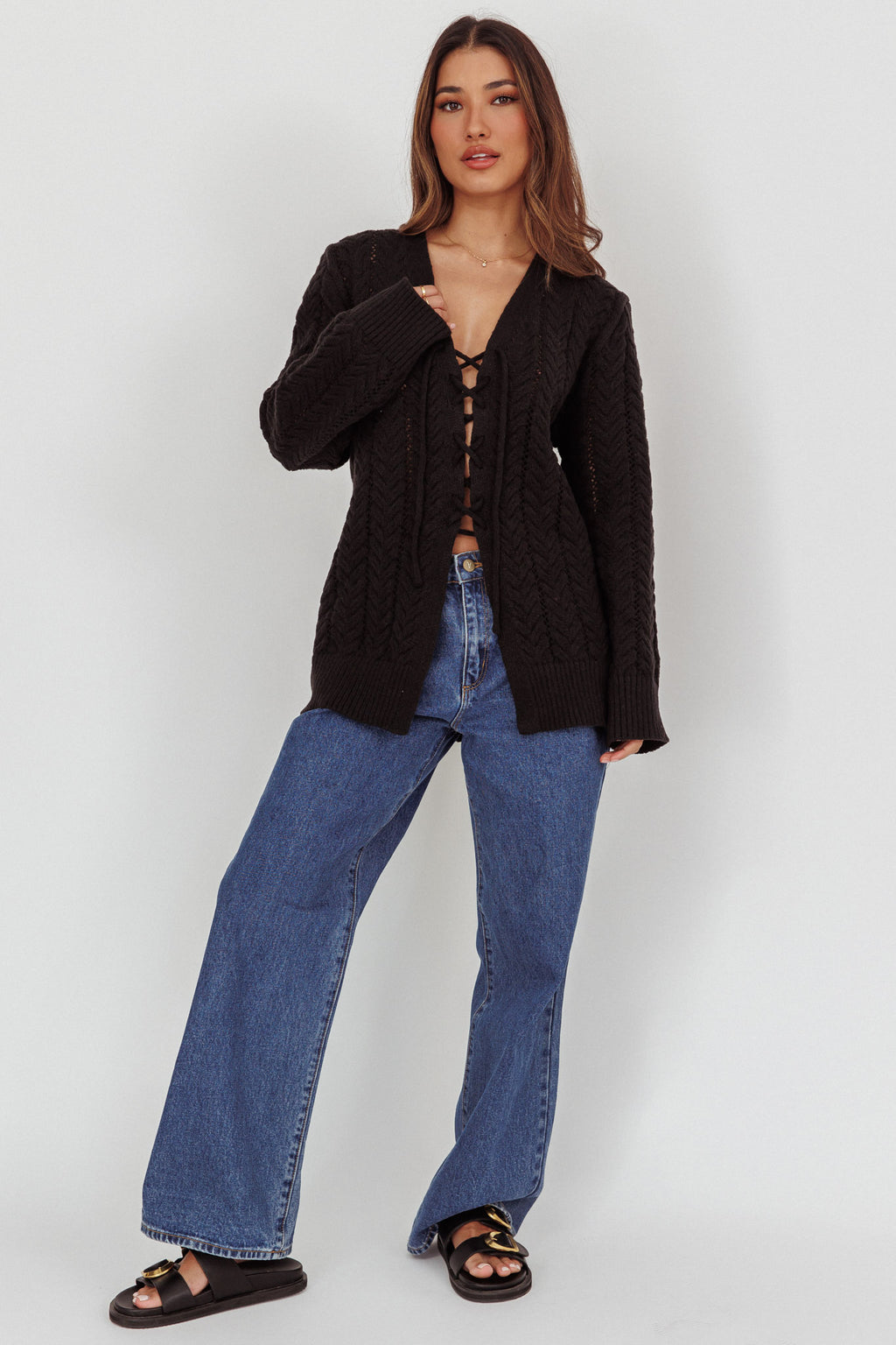 Seattle Lace-Up Front Knit Top Black by Selfie Leslie