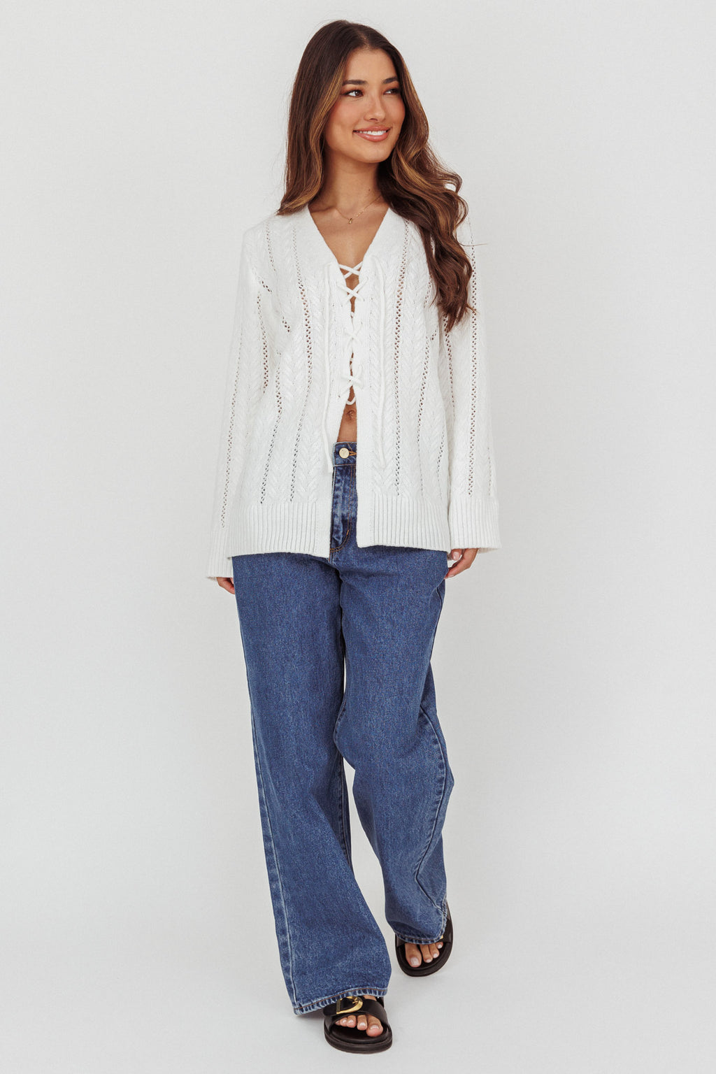 Seattle Lace-Up Front Knit Top White by Selfie Leslie