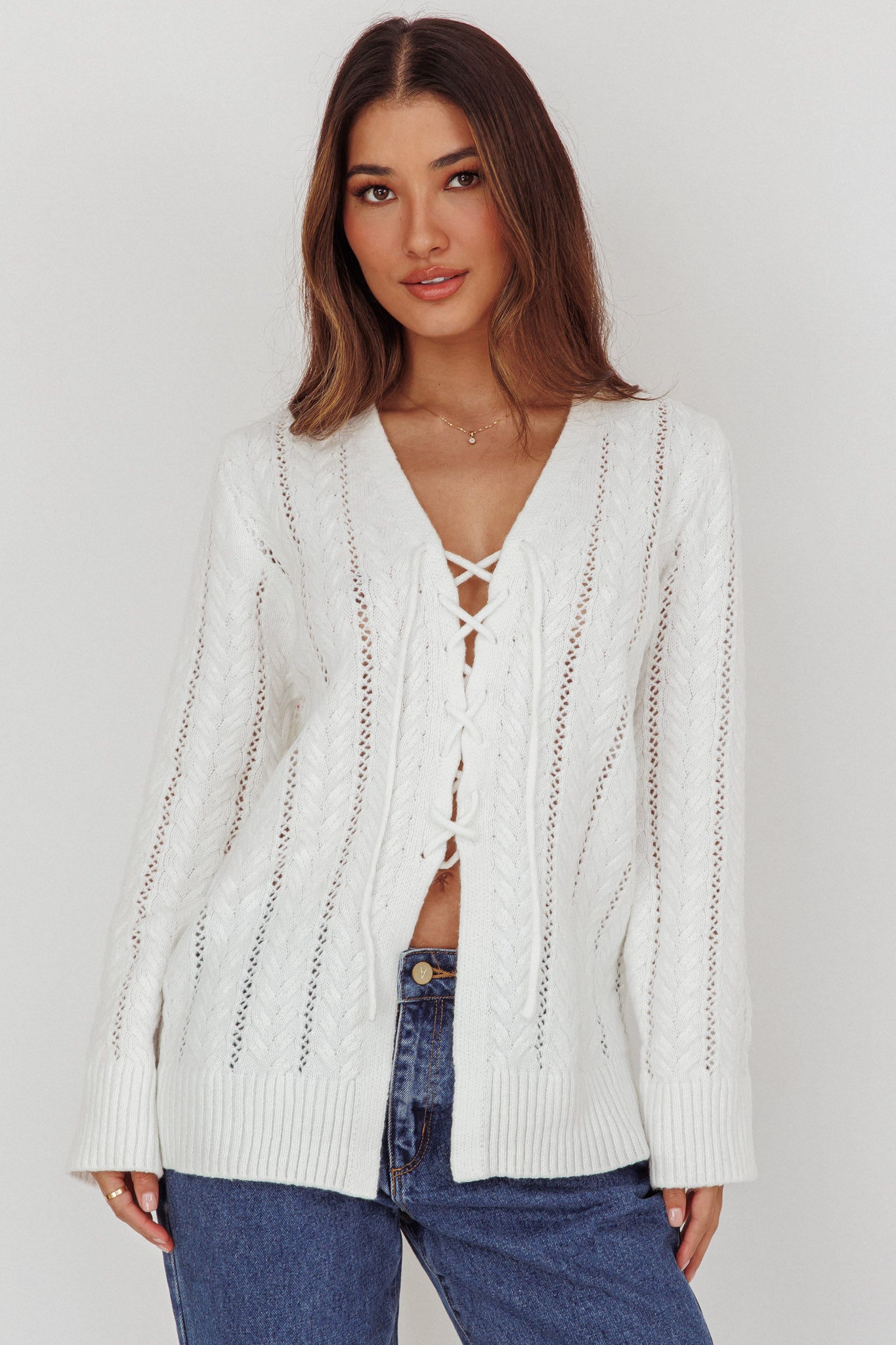 Seattle Lace-Up Front Knit Top White by Selfie Leslie