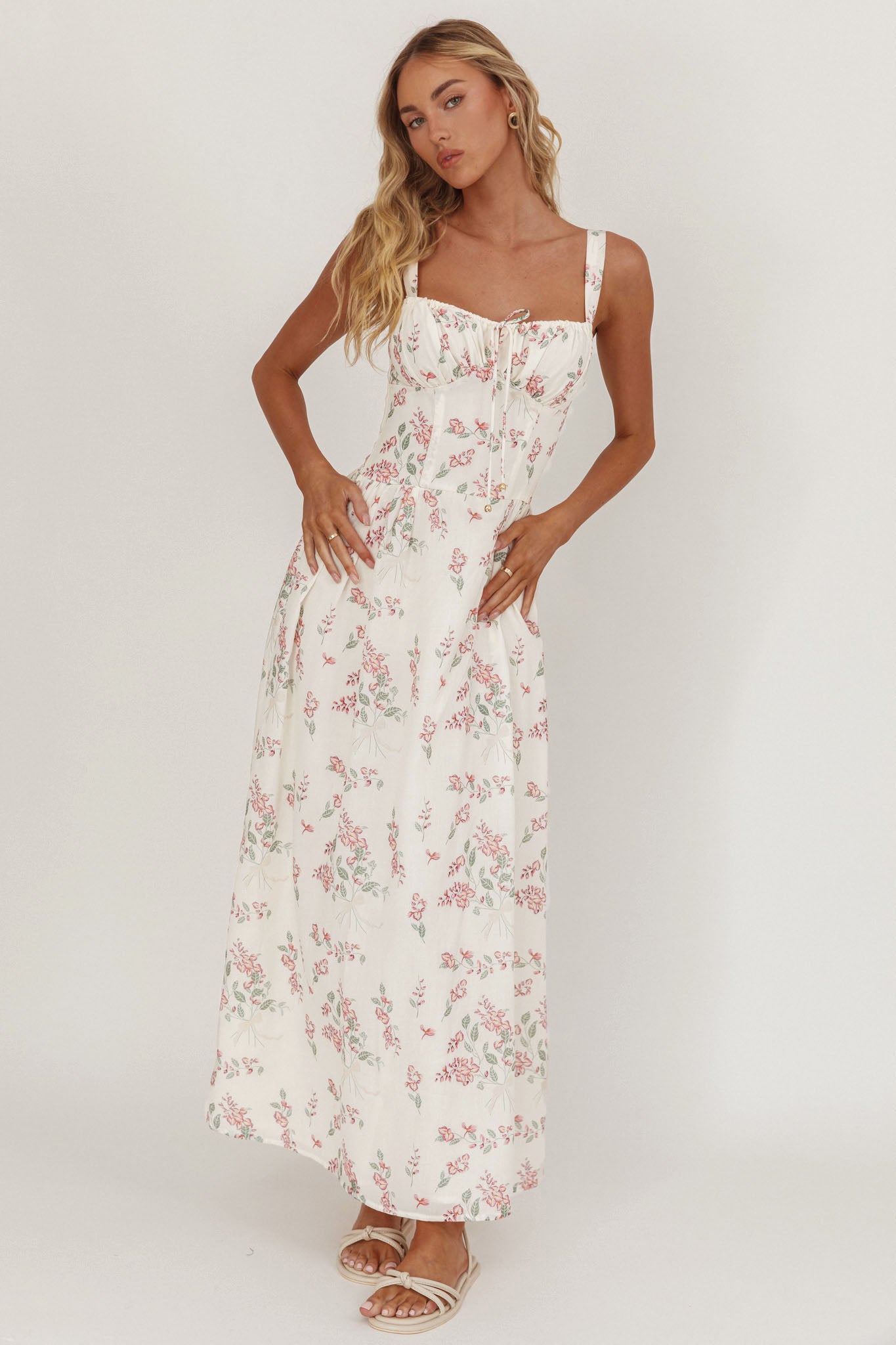 Seen The Light Tie Bust Maxi Dress Floral Cream/Pink– Selfie Leslie