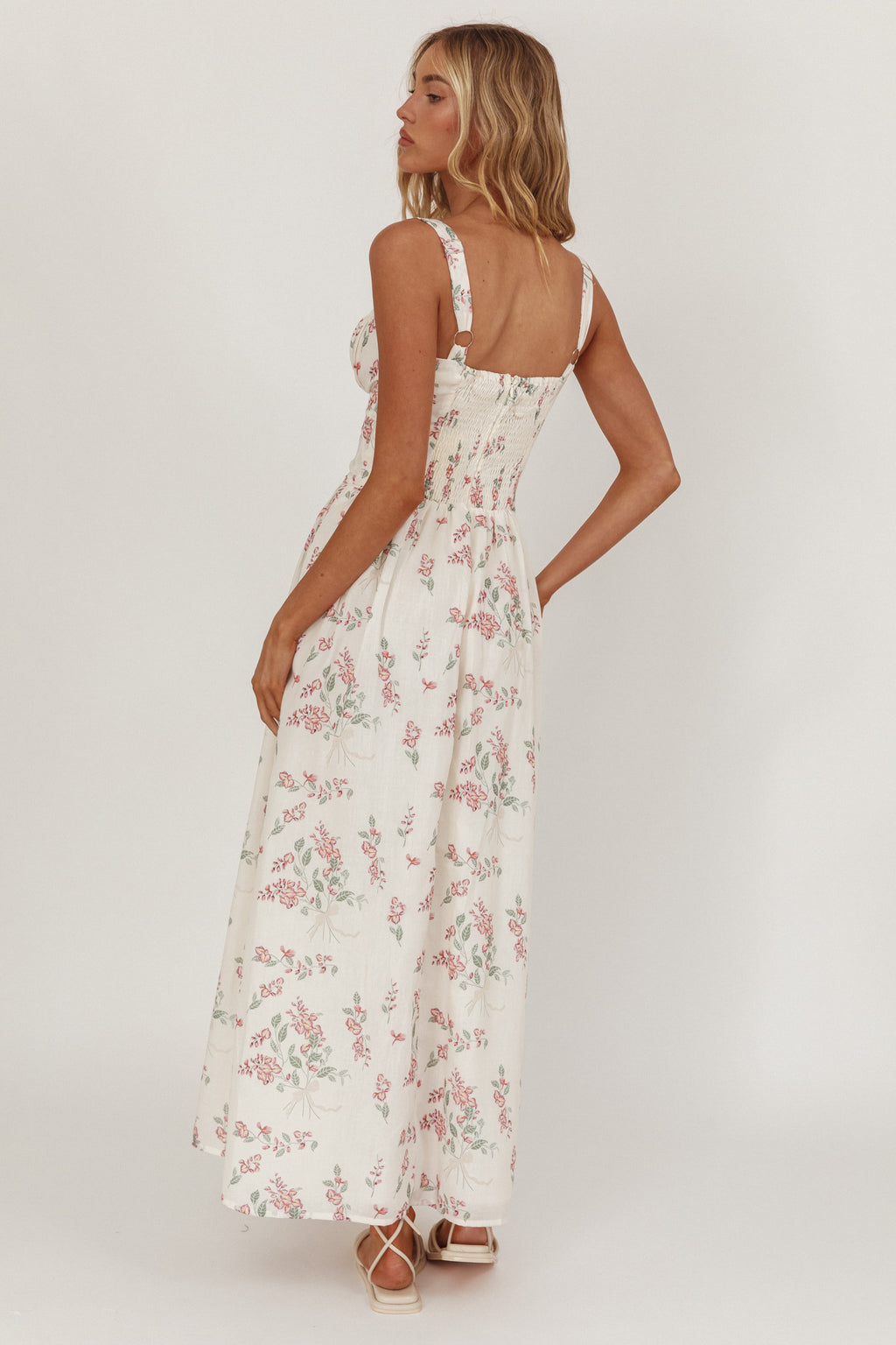 Seen The Light Tie Bust Maxi Dress Floral Cream/Pink by Selfie Leslie